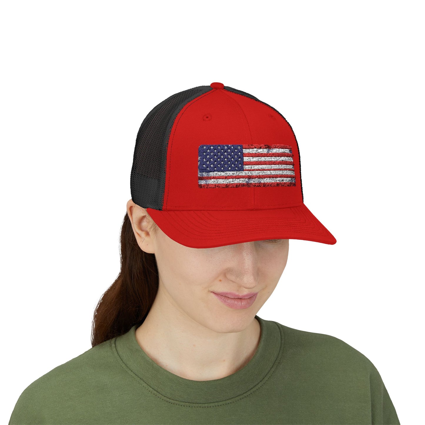 #250 Distressed American Flag Snapback Trucker Cap