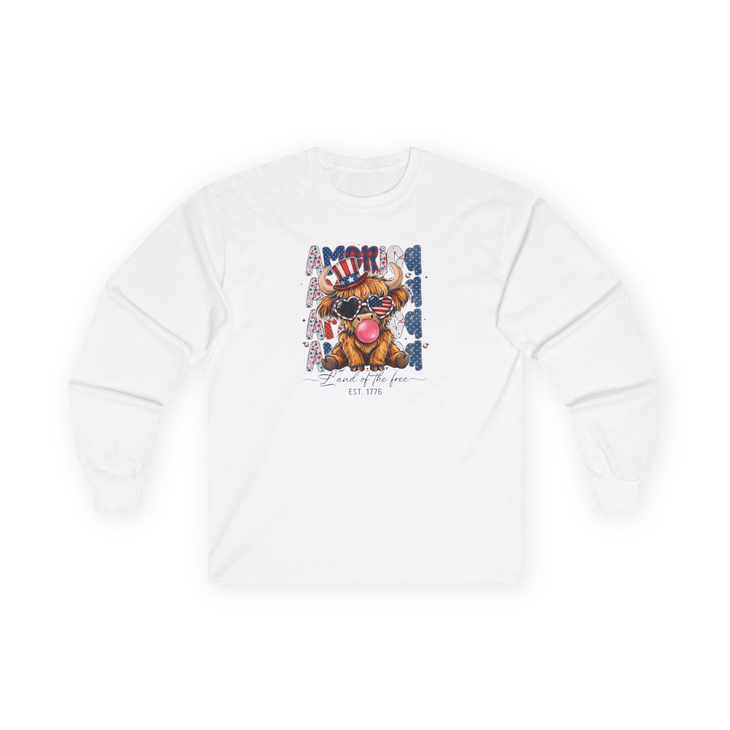 #250 American Flag Bubblegum Patriotic Highland Cow Long Sleeve Tee