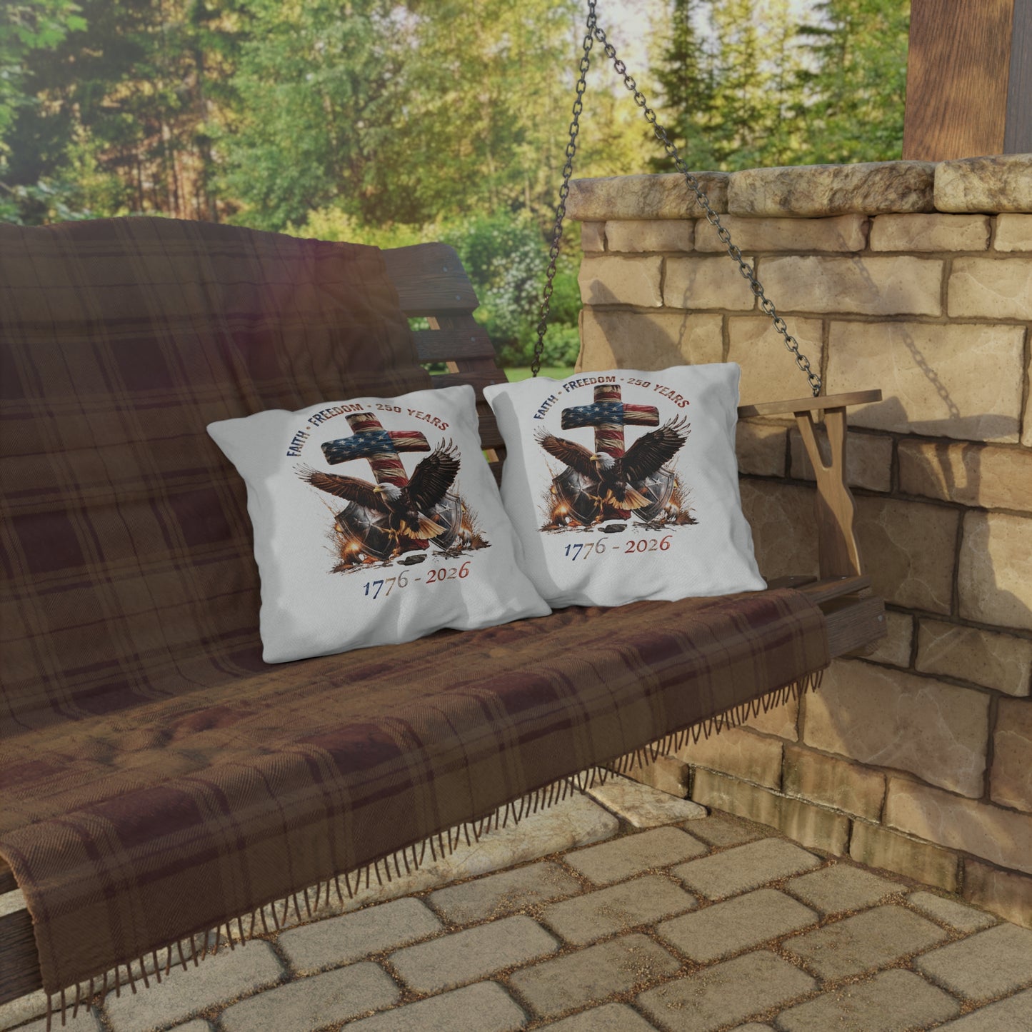 #250 Faith • Freedom 250 Years American Flag Cross & Eagle 1776-2026 Outdoor Throw Pillow