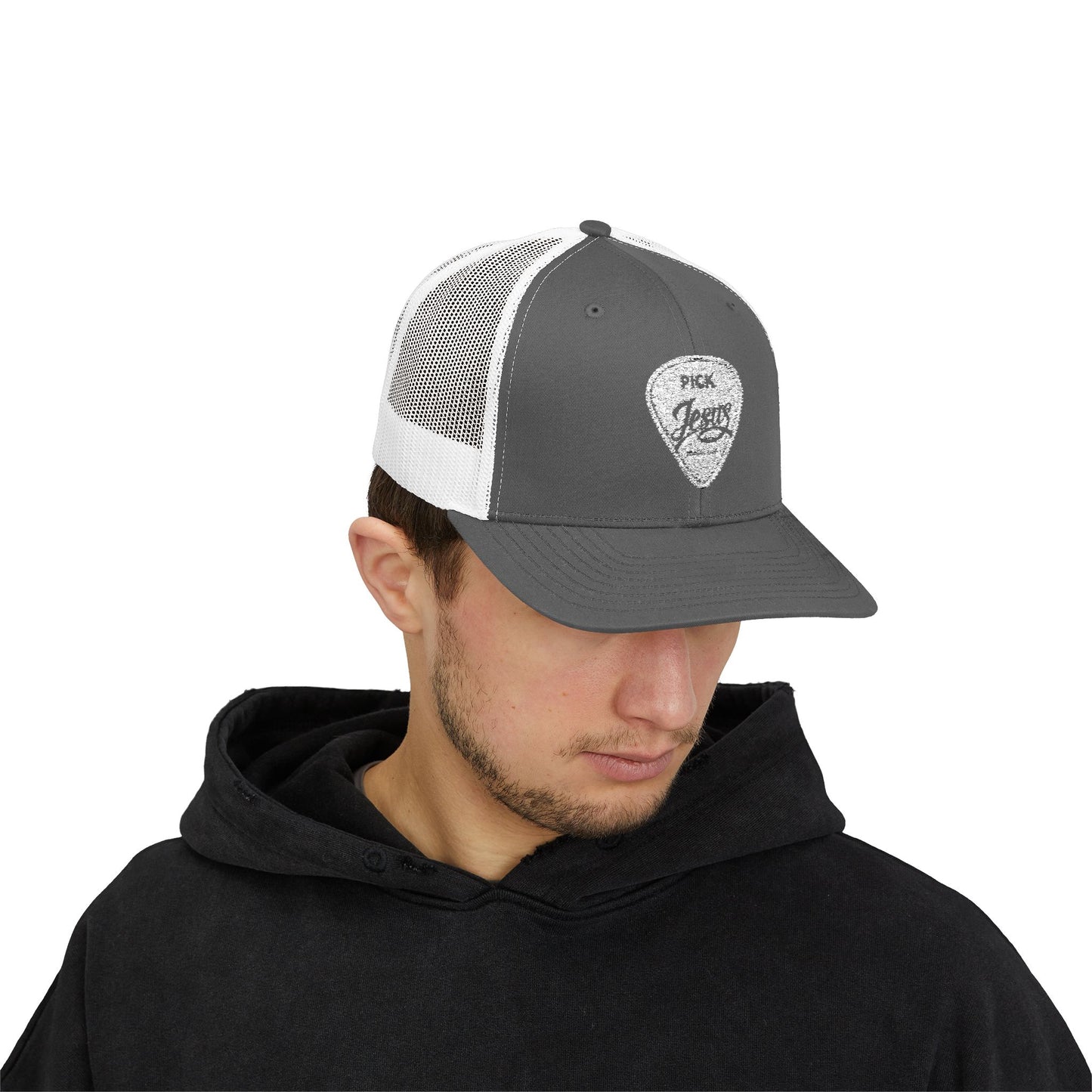 Pick Jesus Guitar Pick Snapback Trucker Cap Christian Guitar Pick Design (Romans 10:13)