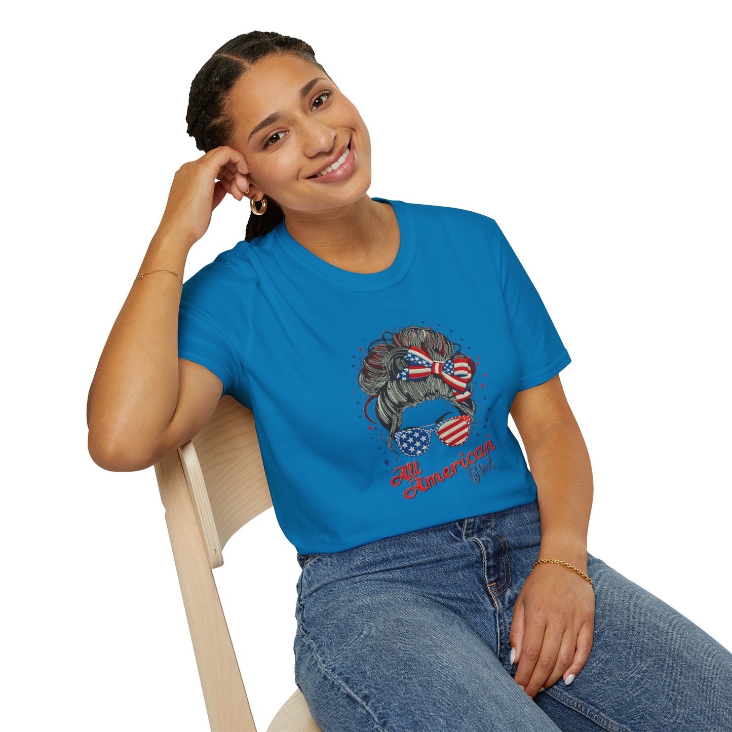 #250 "All American Girl" Patriotic Messy Bun T-Shirt