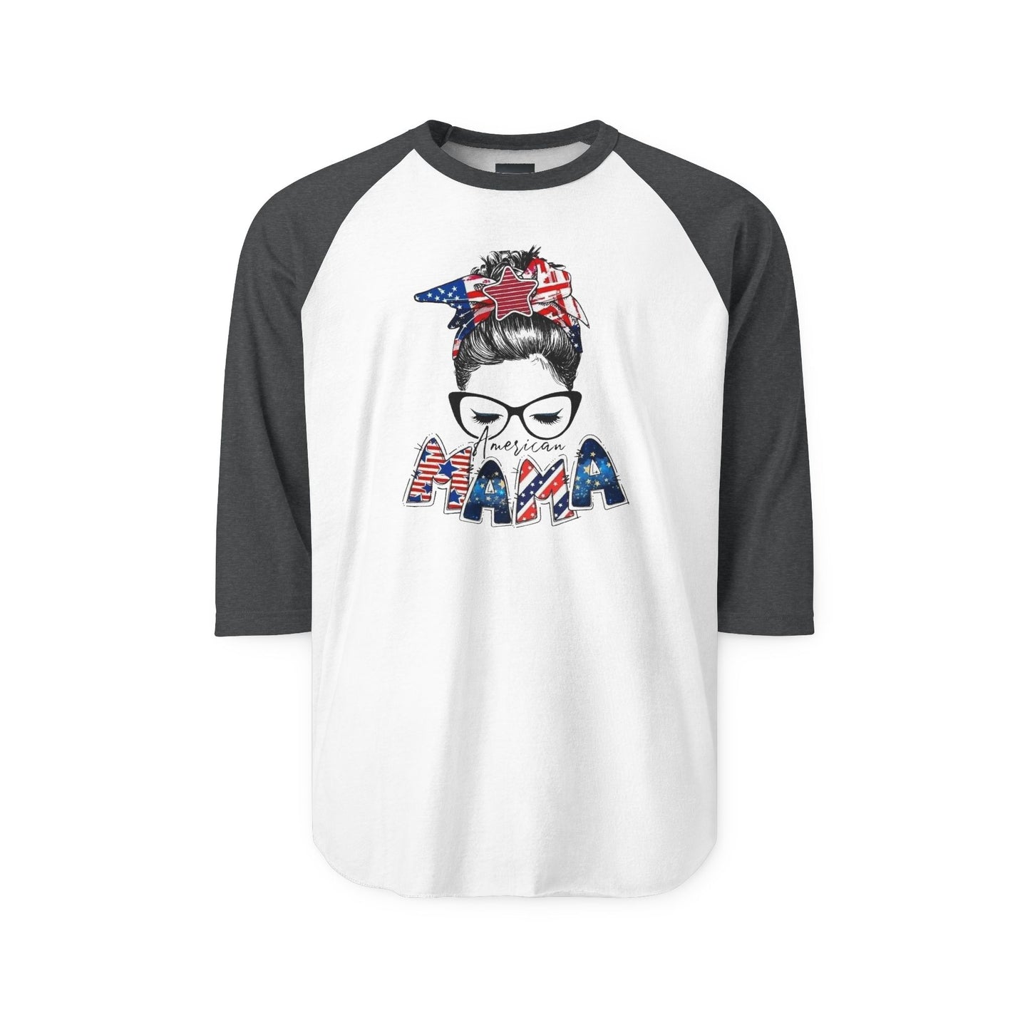 #250 Mama USA Flag Messy Bun Raglan 3/4 Sleeve Baseball Tee