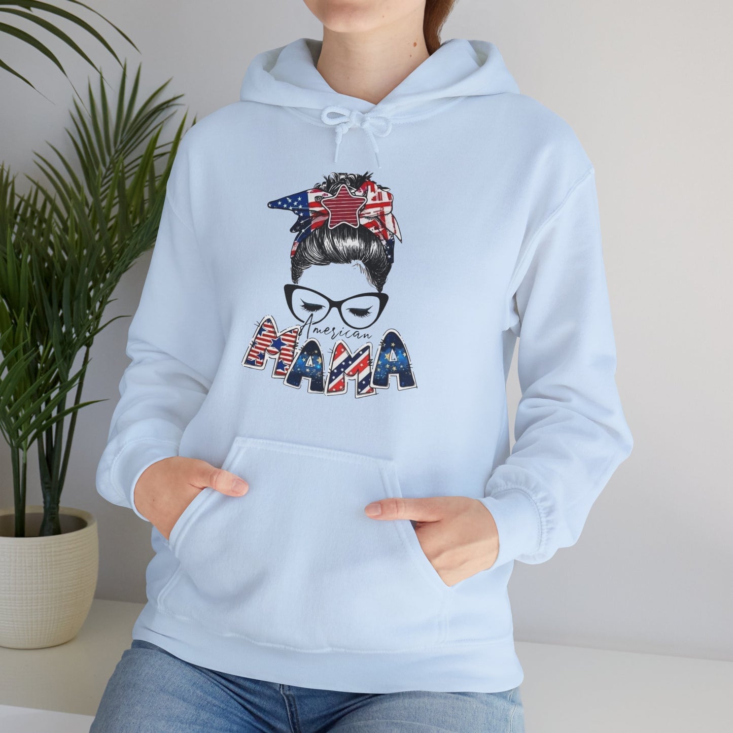 #250 Mama USA Flag Messy Bun Hoodie