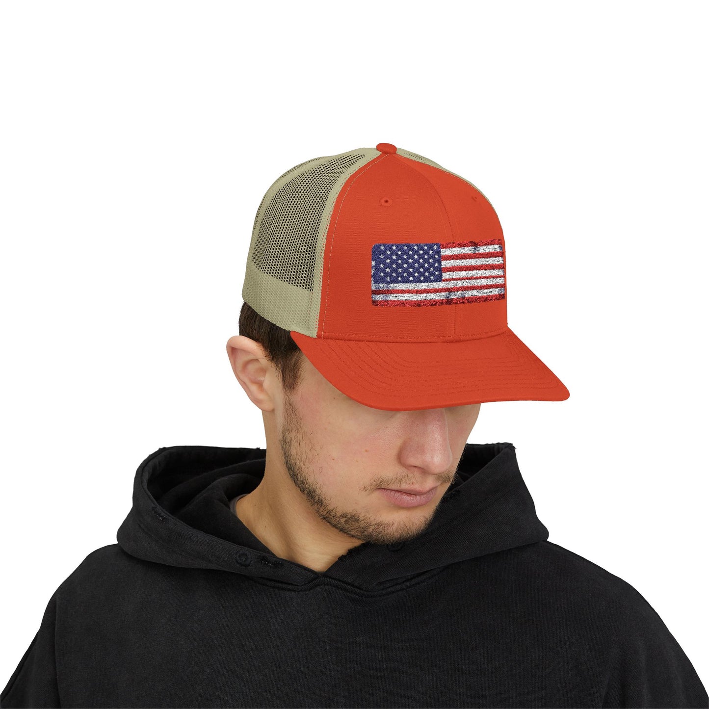 #250 Distressed American Flag Snapback Trucker Cap