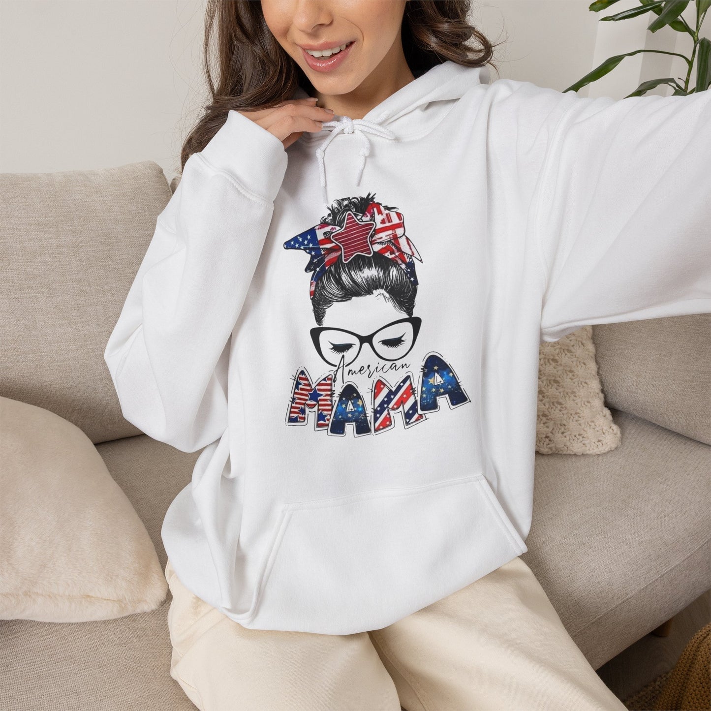 #250 Mama USA Flag Messy Bun Hoodie