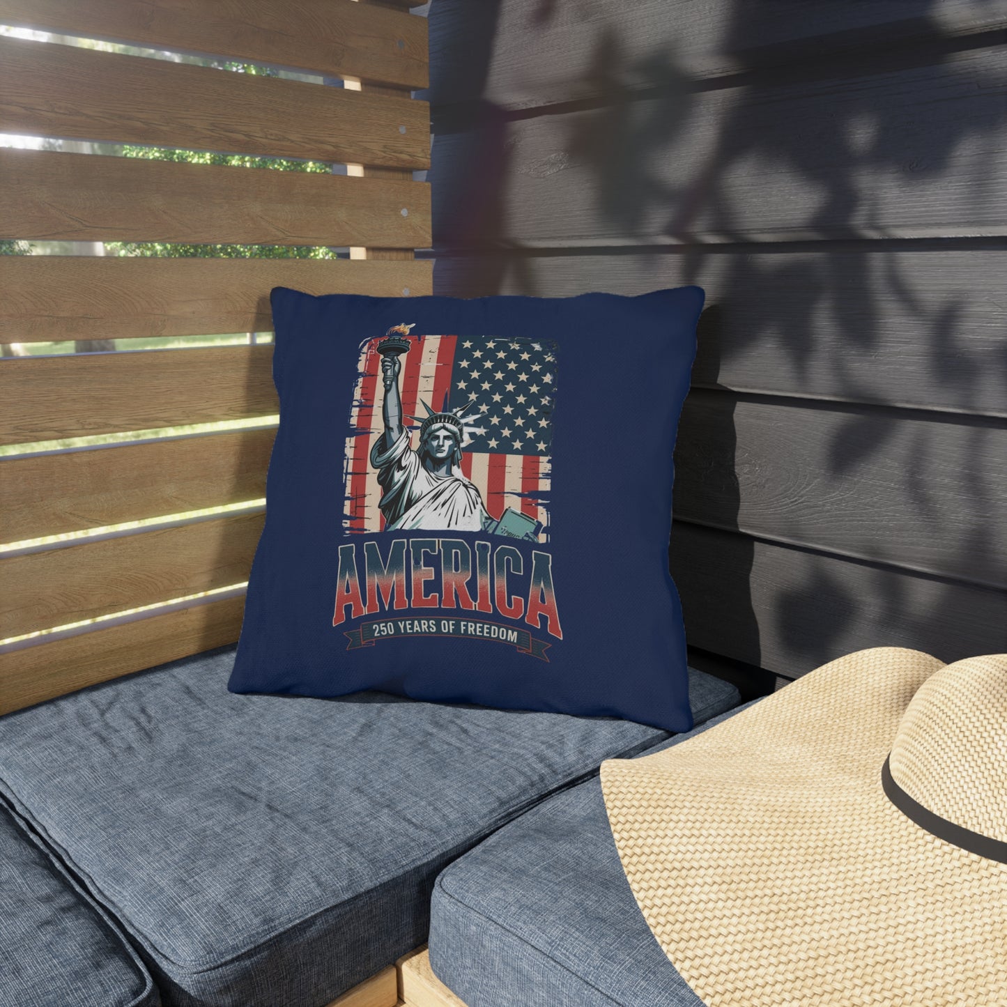 #250 Statue of Liberty American Flag 'America' Patriotic Independence Day Outdoor Throw Pillow