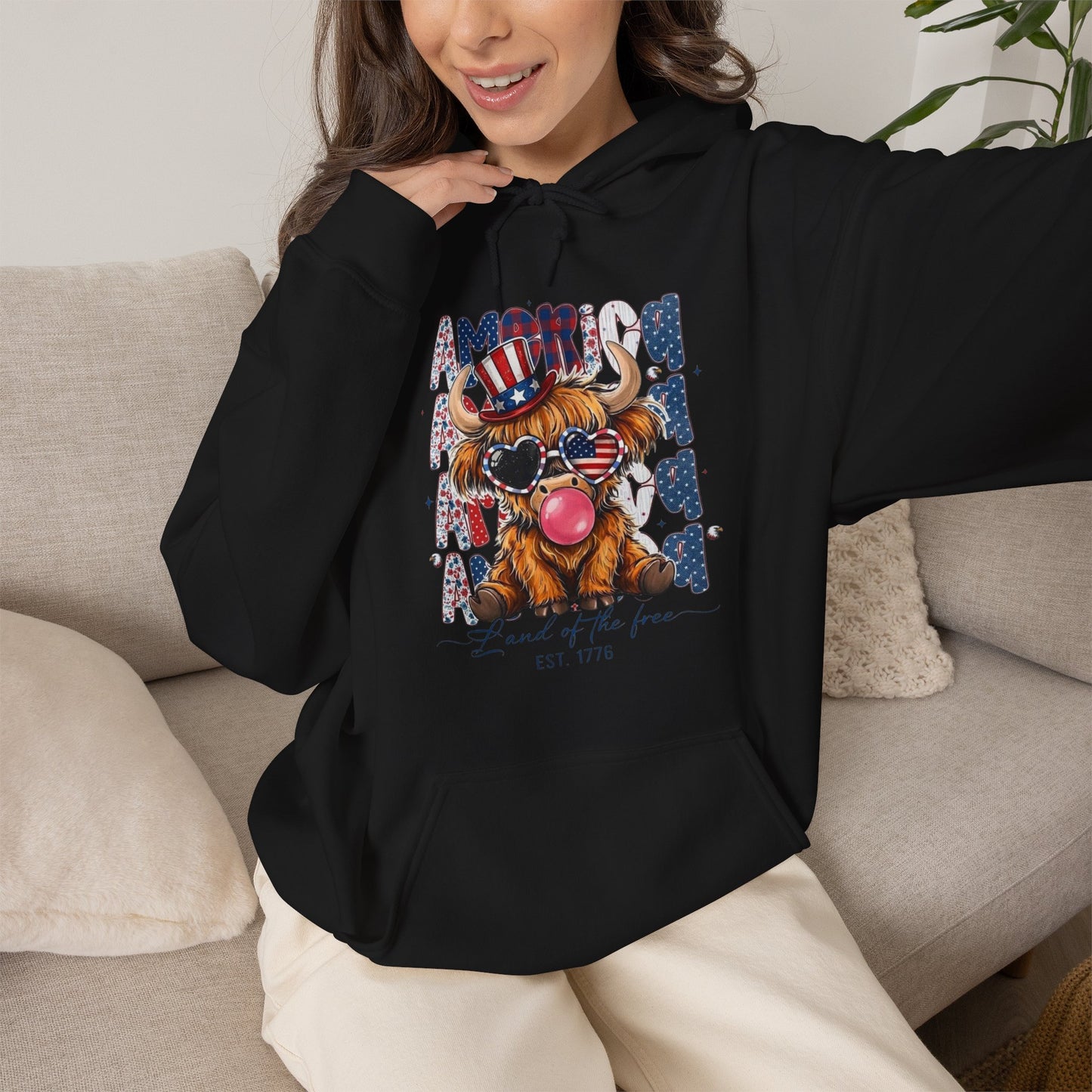 #250 American Flag Bubblegum Patriotic Highland Cow Hoodie