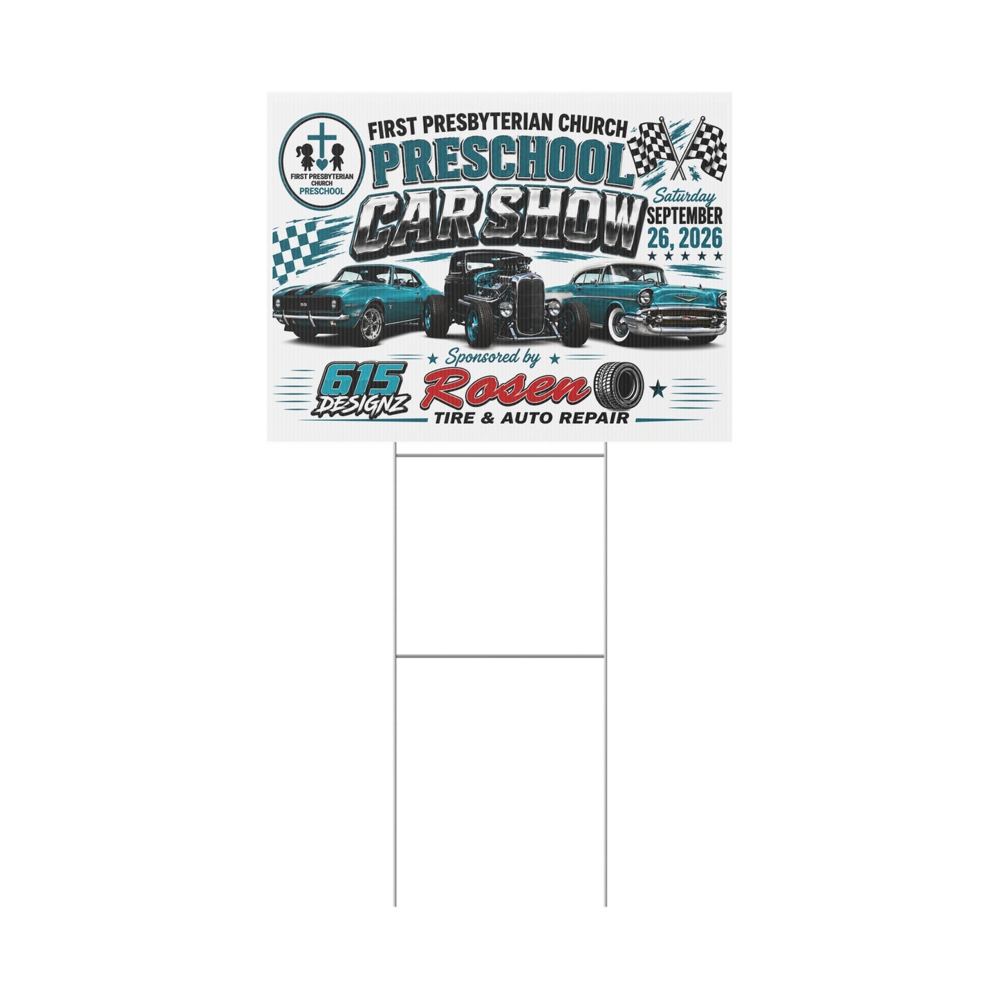 Plastic Yard Sign — Preschool Car Show Fundraiser Sign (First Presbyterian Church, Sept 26, 2026)