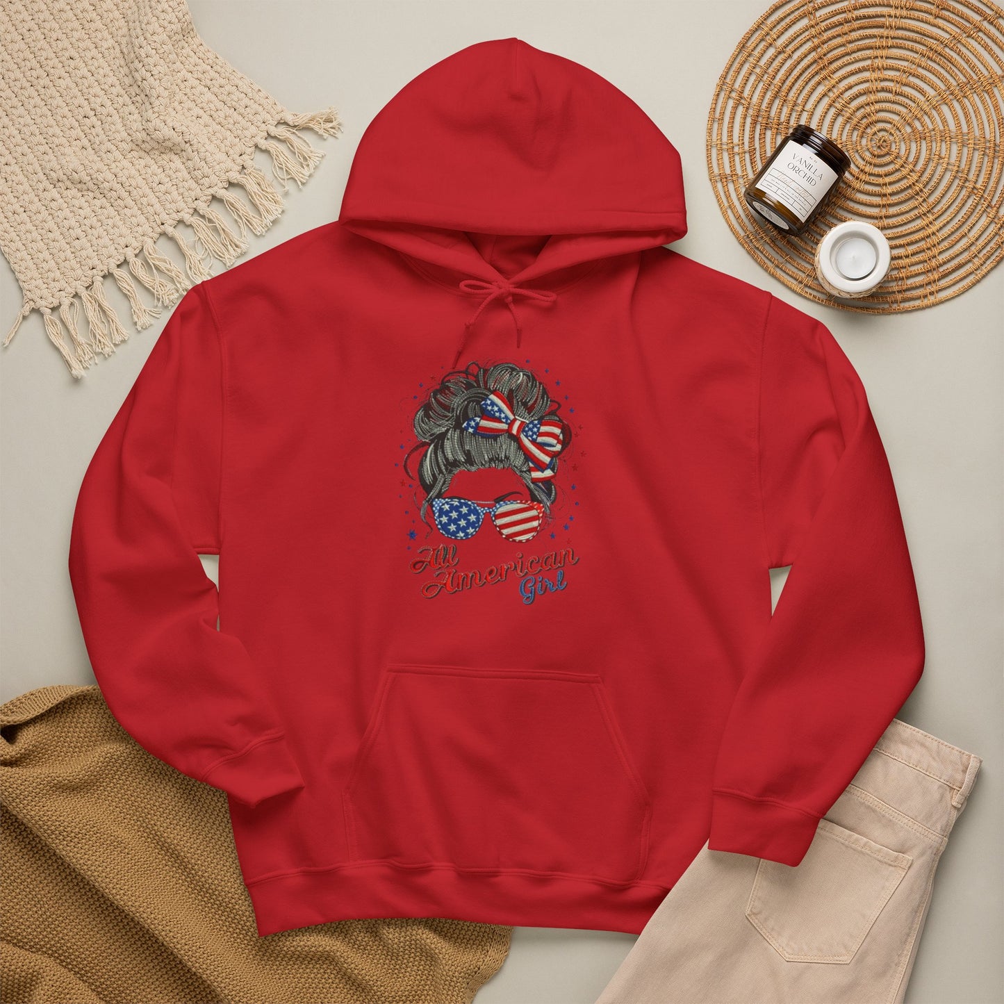 #250 "All American Girl" Patriotic Messy Bun Hoodie
