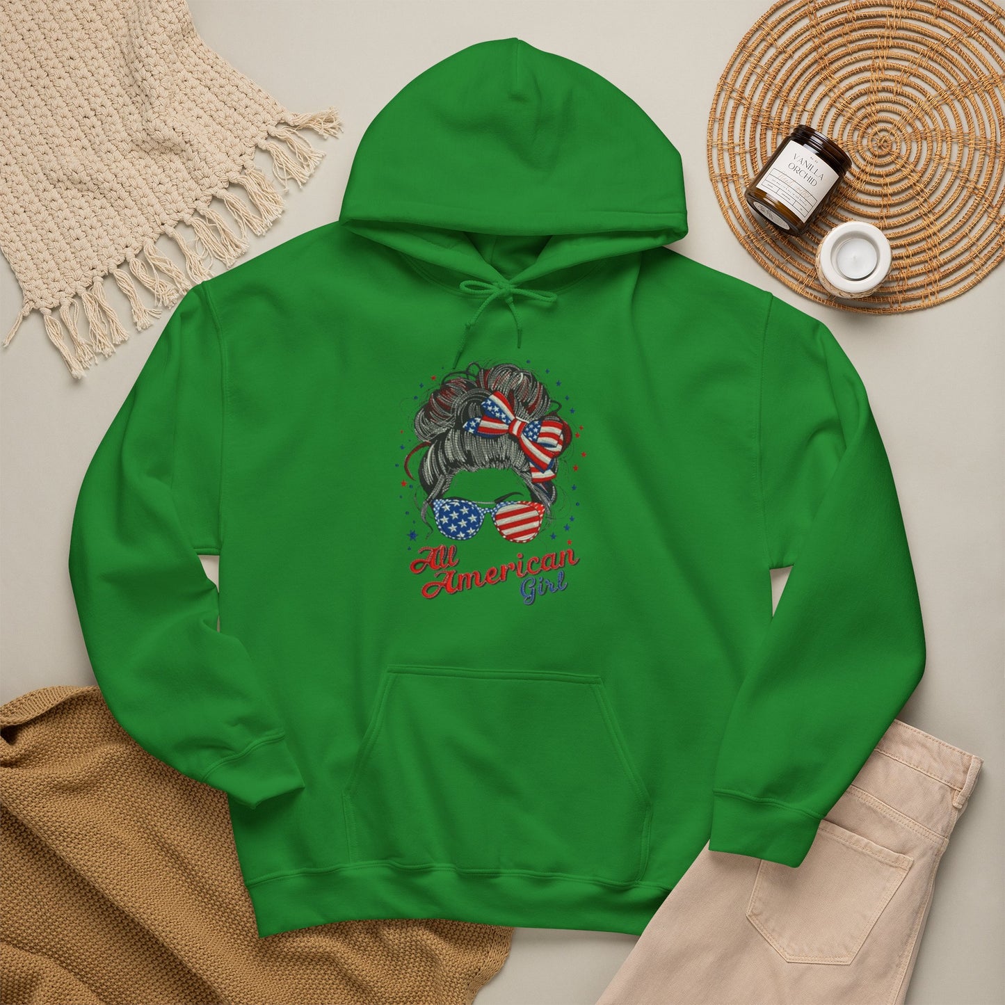 #250 "All American Girl" Patriotic Messy Bun Hoodie