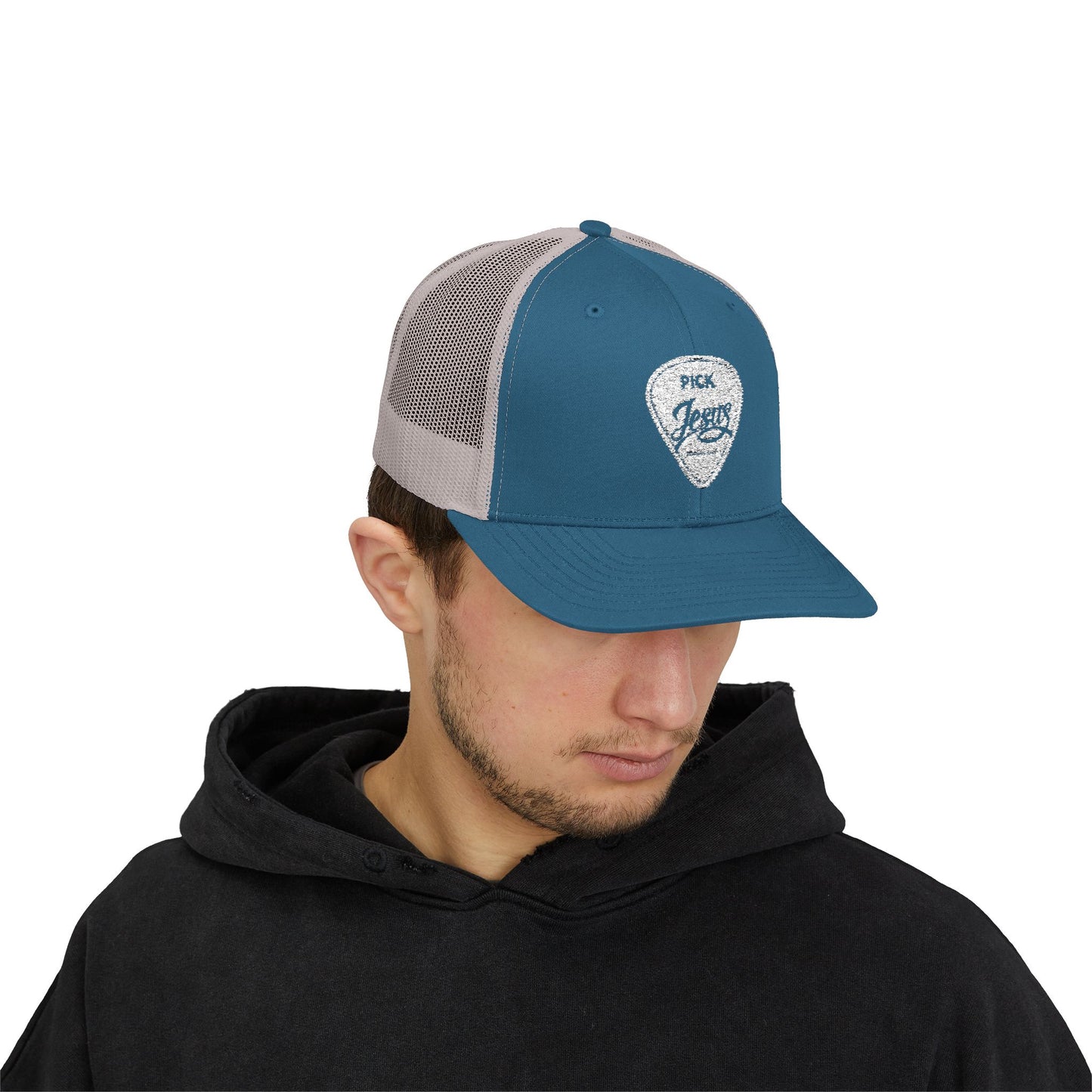 Pick Jesus Guitar Pick Snapback Trucker Cap Christian Guitar Pick Design (Romans 10:13)