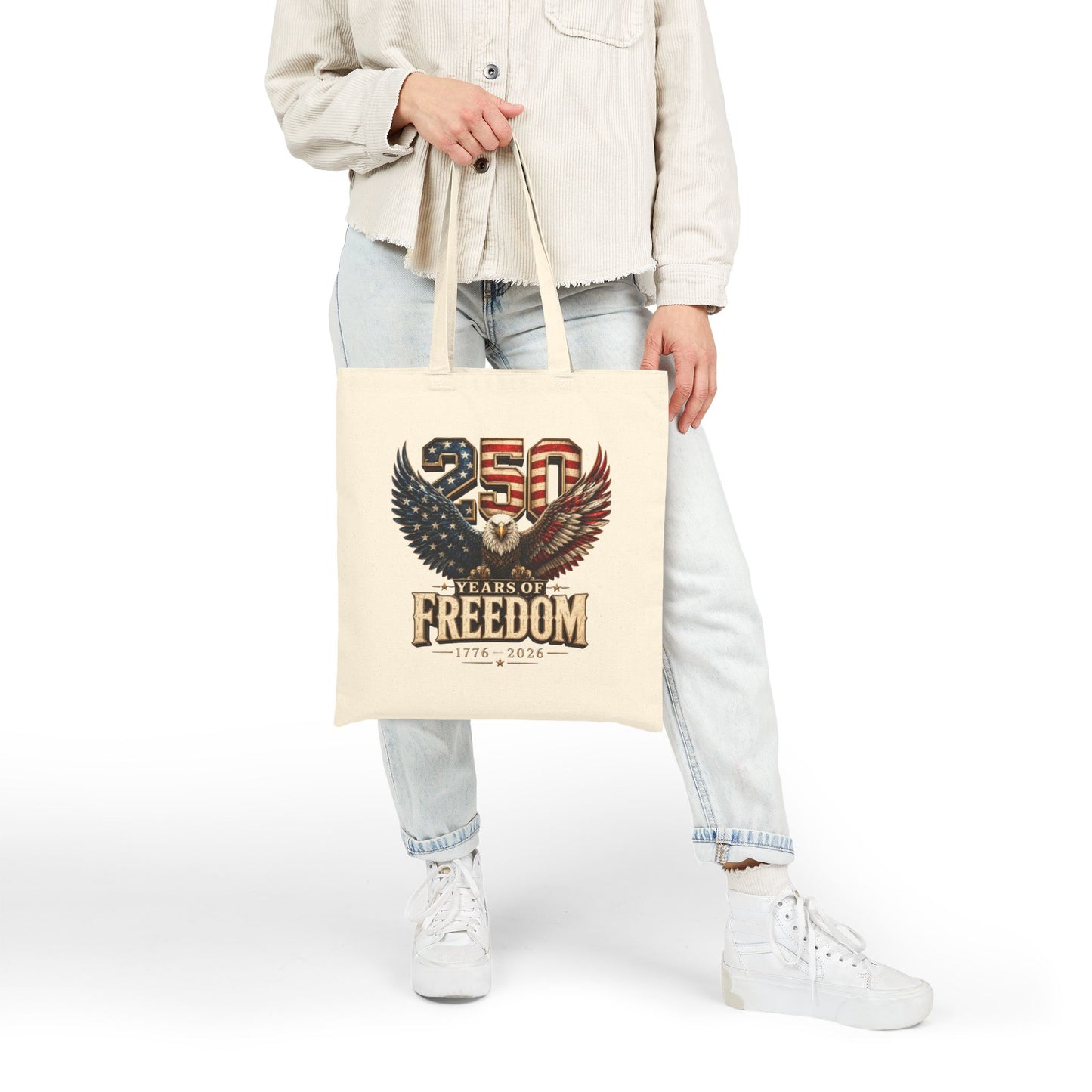 #250 250 Years of Freedom Eagle Patriotic American Flag Anniversary (1776–2026) Canvas Tote
