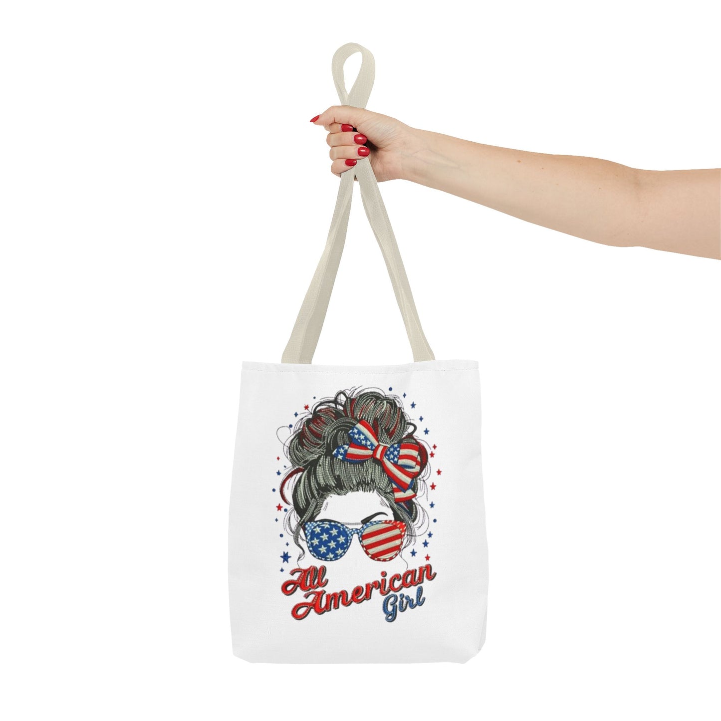 #250 "All American Girl" Patriotic Messy Bun Tote Bag