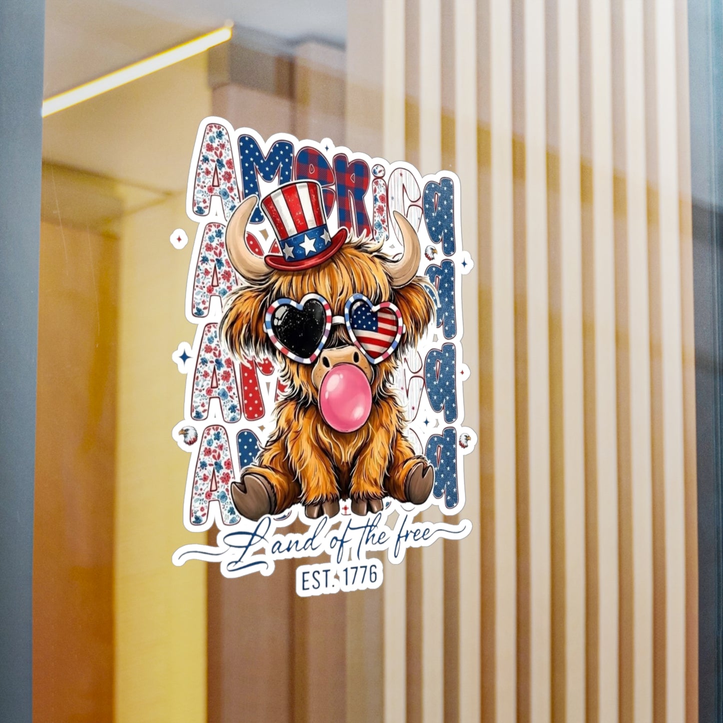 #250 American Flag Bubblegum Patriotic Highland Cow Vinyl Sticker Kiss-Cut Decal (Fourth of July)