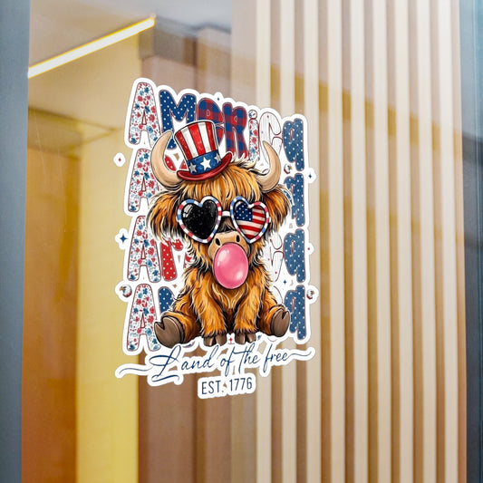 #250 American Flag Bubblegum Patriotic Highland Cow Vinyl Sticker Kiss-Cut Decal (Fourth of July)