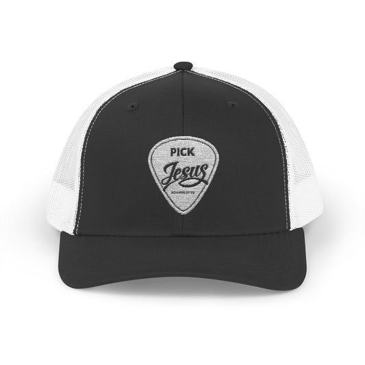 Pick Jesus Guitar Pick Snapback Trucker Cap Christian Guitar Pick Design (Romans 10:13)
