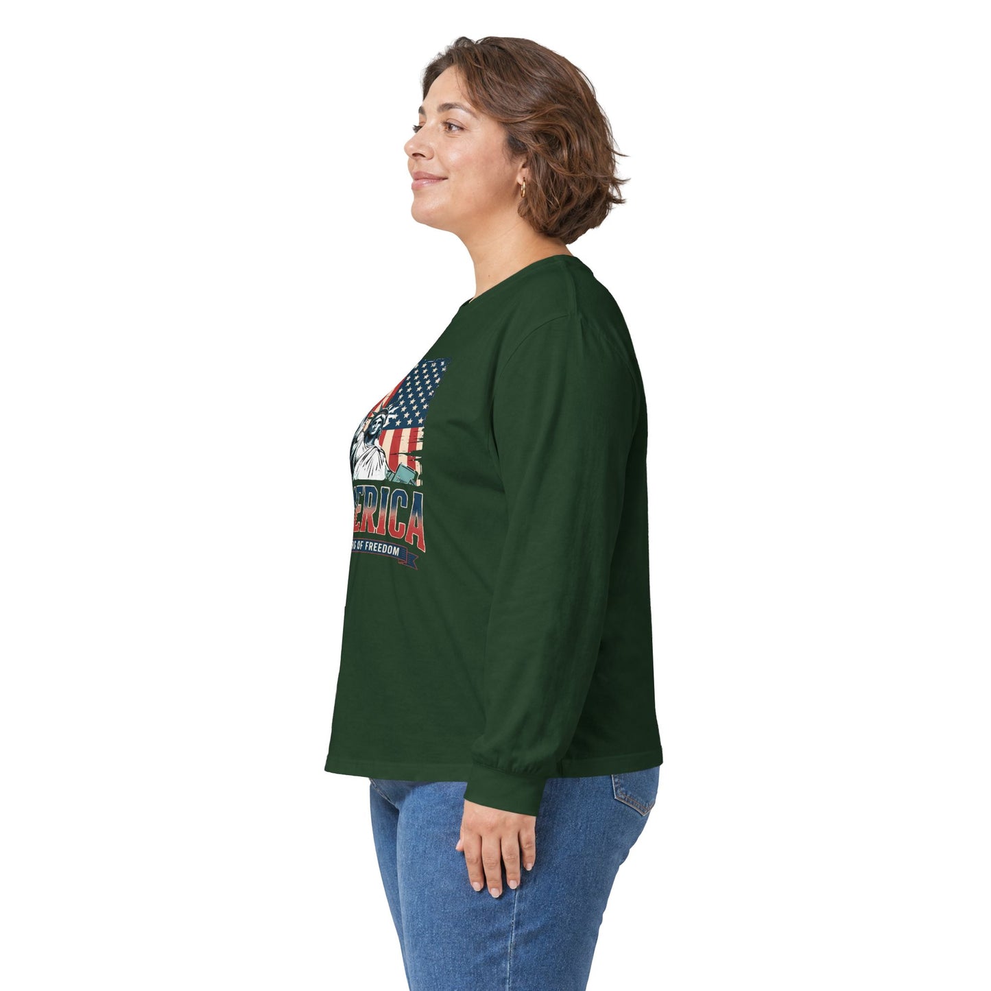 #250 Statue of Liberty American Flag 'America' Patriotic Independence Day Long Sleeve Tee