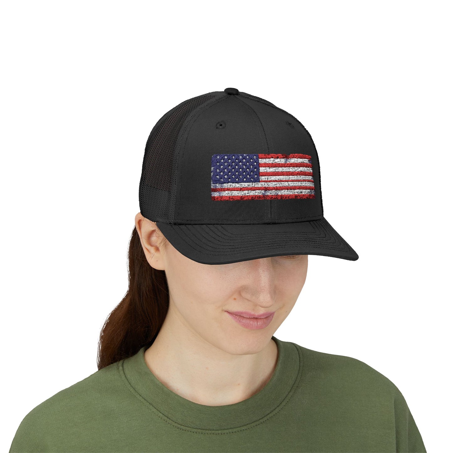 #250 Distressed American Flag Snapback Trucker Cap