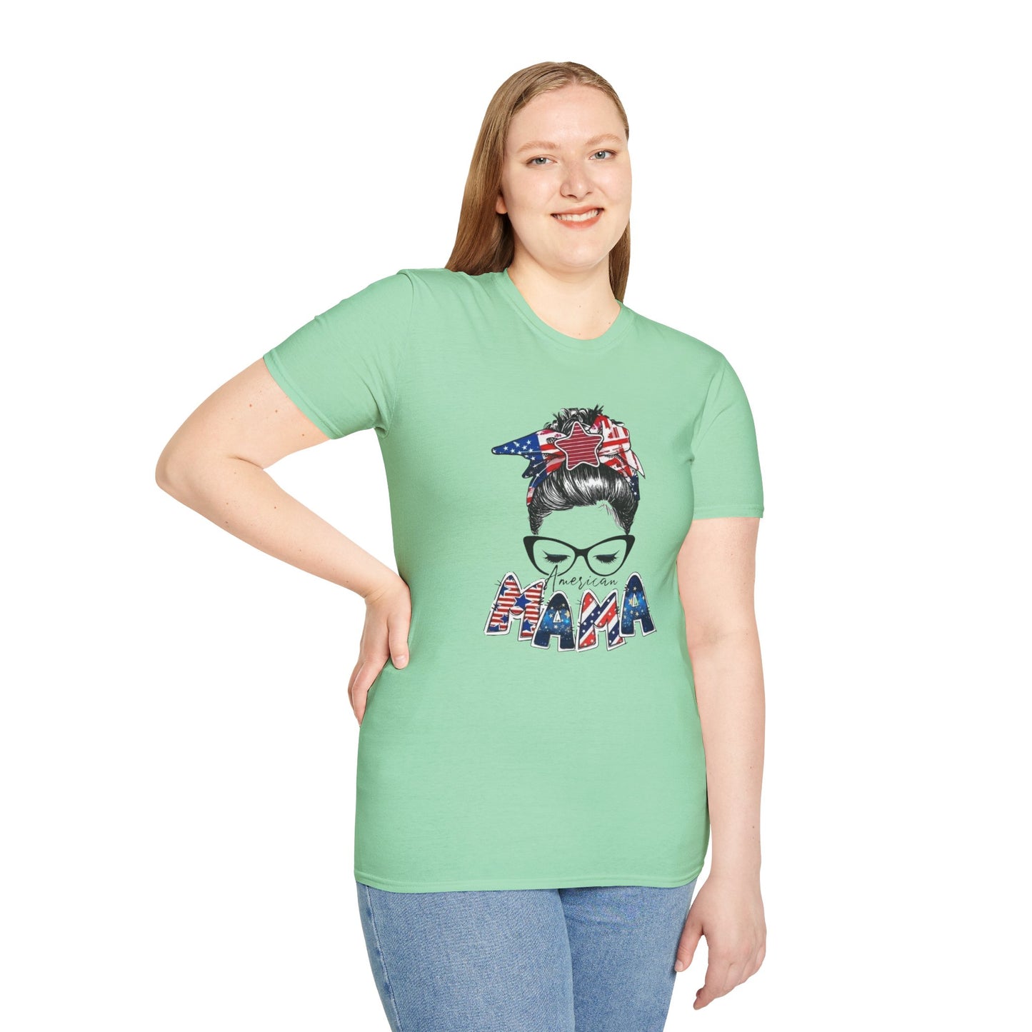 Mama USA Flag Messy Bun T-Shirt