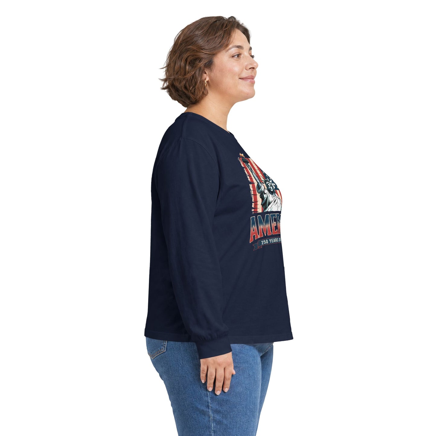 #250 Statue of Liberty American Flag 'America' Patriotic Independence Day Long Sleeve Tee