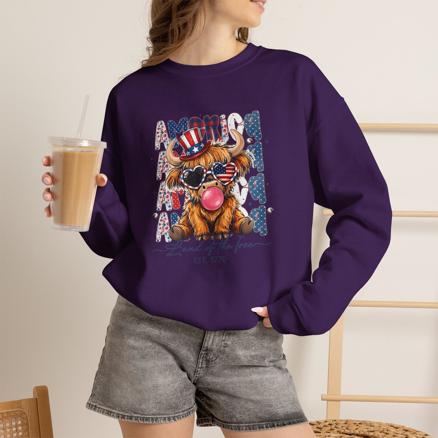 #250 American Flag Bubblegum Patriotic Highland Cow Sweatshirt