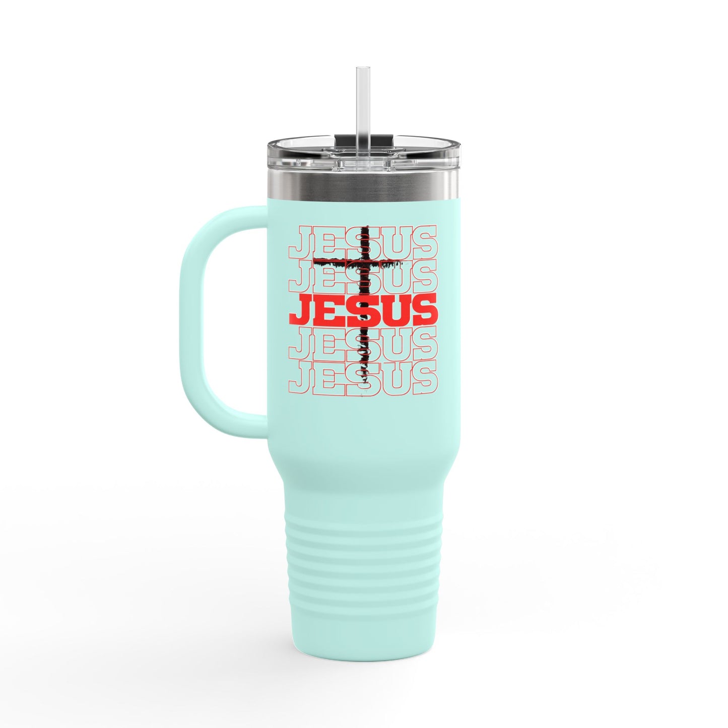 Jesus Cross Red Text Black Cross Graphic 40oz Insulated Travel Mug — Large Christian Tumbler with Straw