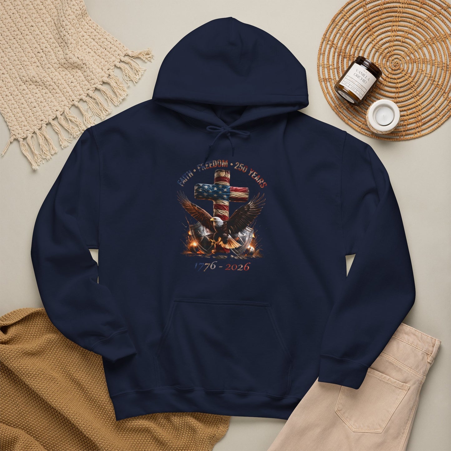 #250 Faith • Freedom 250 Years American Flag Cross & Eagle 1776-2026 Hoodie
