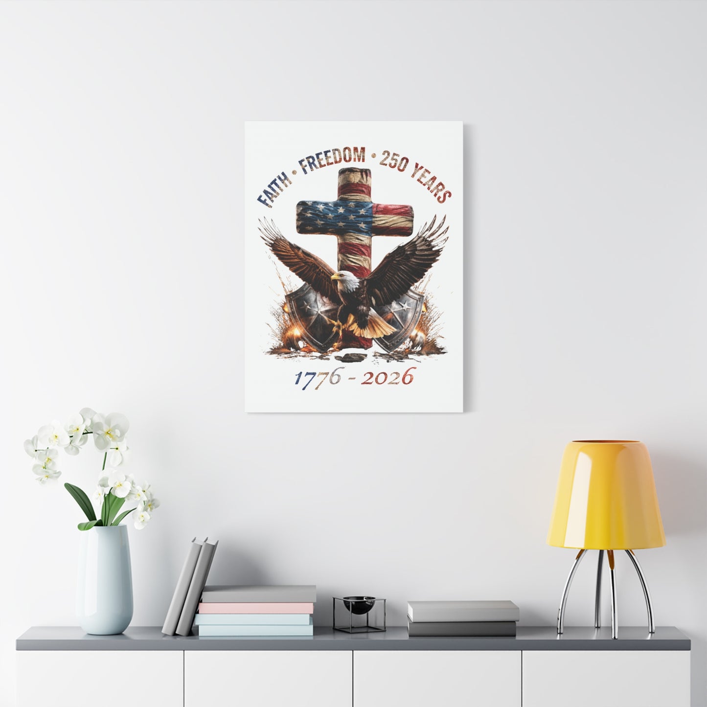 #250 Faith • Freedom 250 Years American Flag Cross & Eagle 1776-2026 Matte Canvas Wall Art