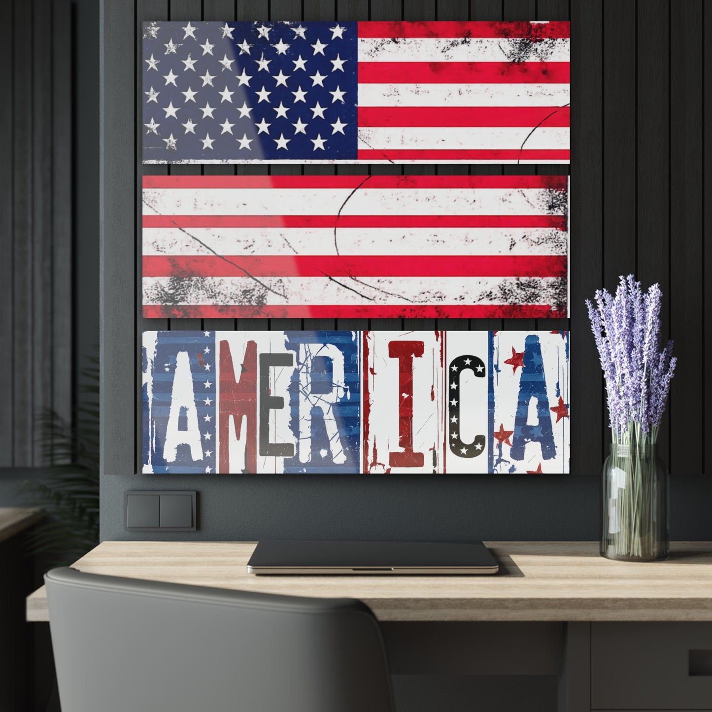 #250 America Retro Block Text Triptych Acrylic Wall Art — Patriotic America Flag Decor