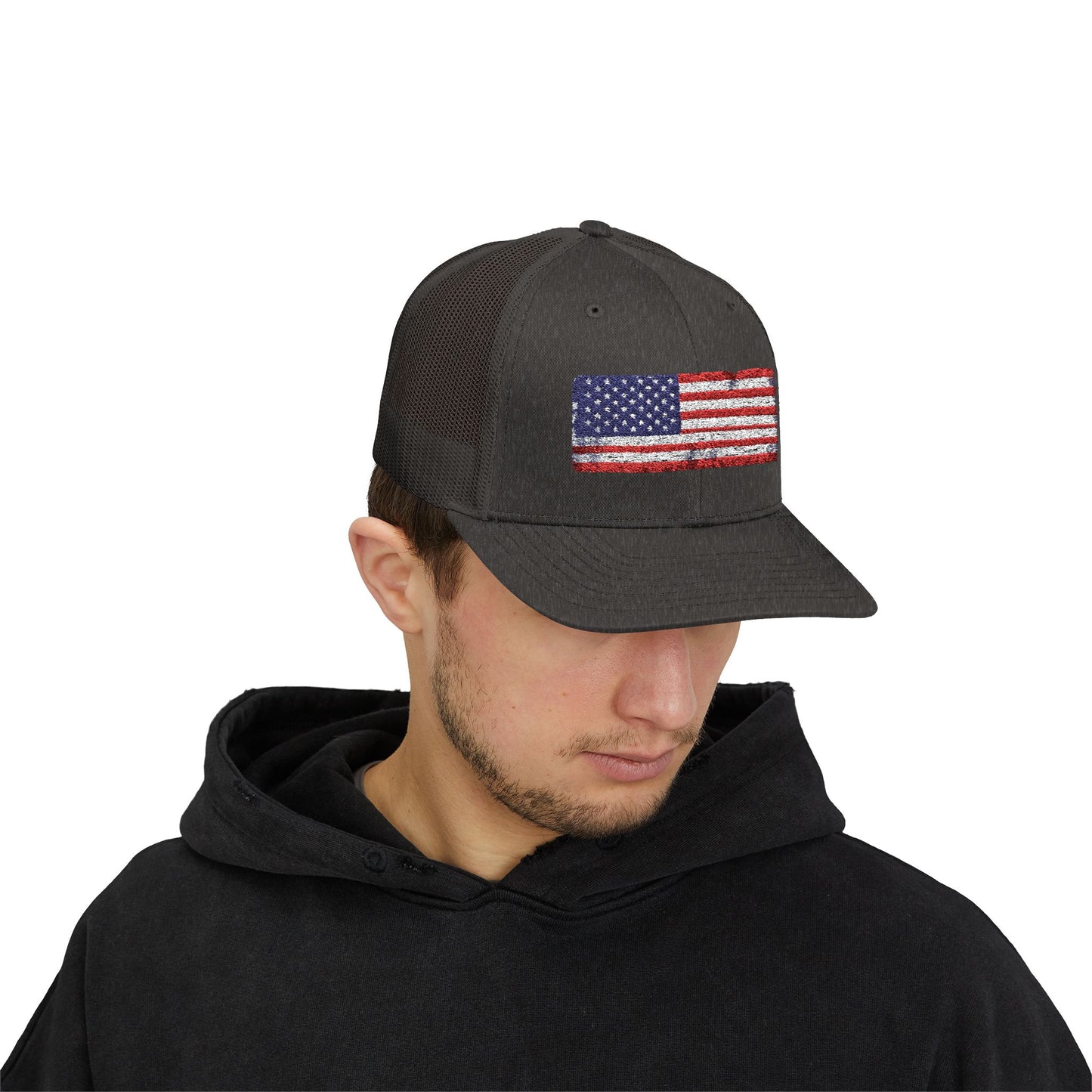 #250 Distressed American Flag Snapback Trucker Cap