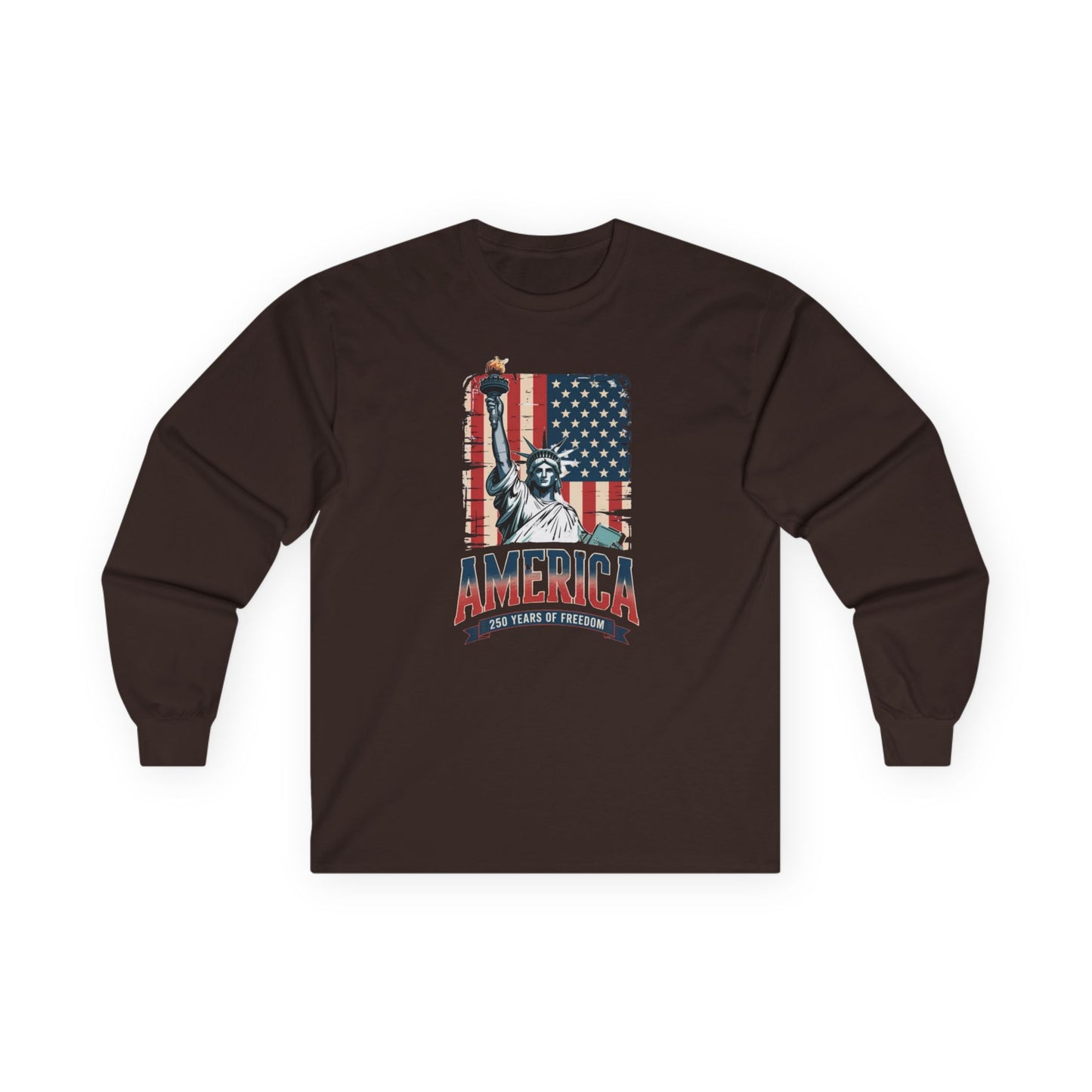 #250 Statue of Liberty American Flag 'America' Patriotic Independence Day Long Sleeve Tee