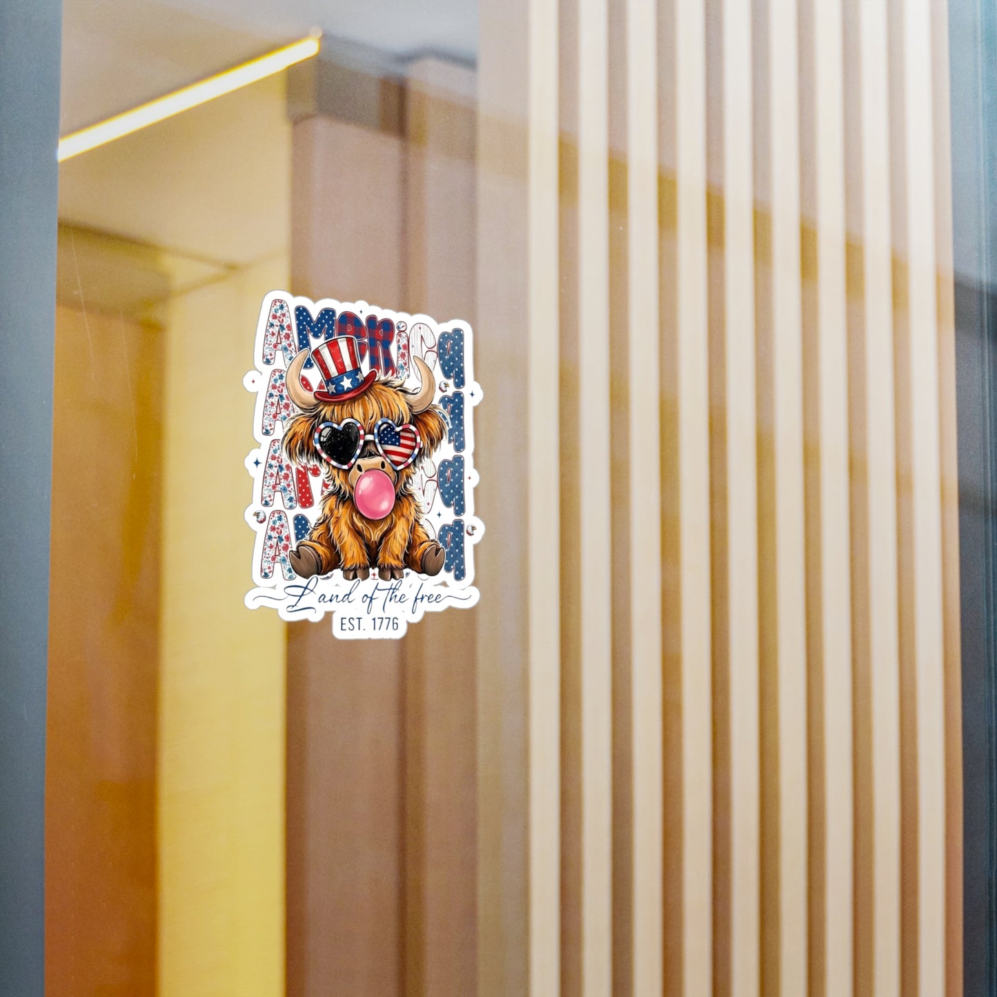 #250 American Flag Bubblegum Patriotic Highland Cow Vinyl Sticker Kiss-Cut Decal (Fourth of July)