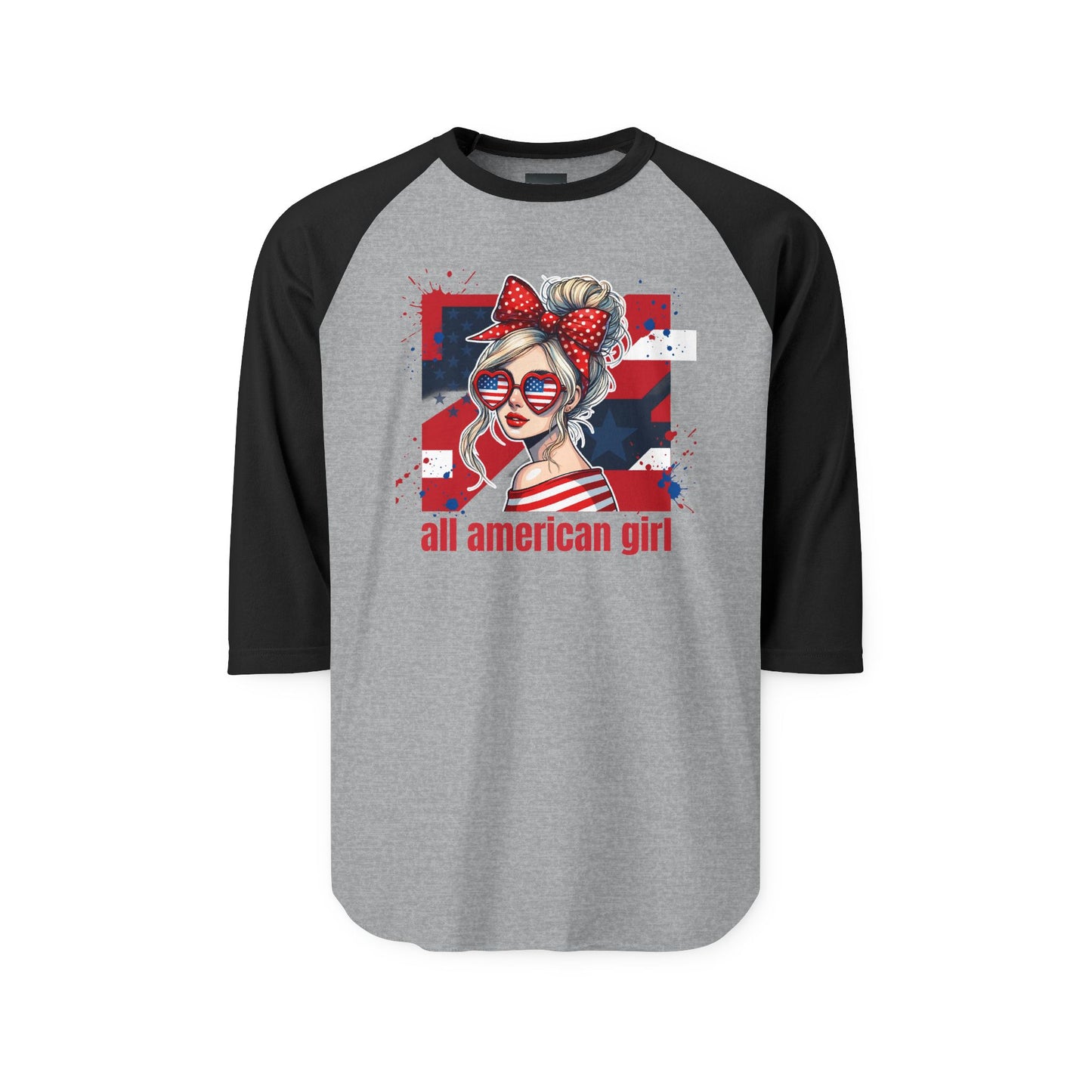 #250 All American Girl Patriotic Raglan 3/4 Sleeve Baseball Tee