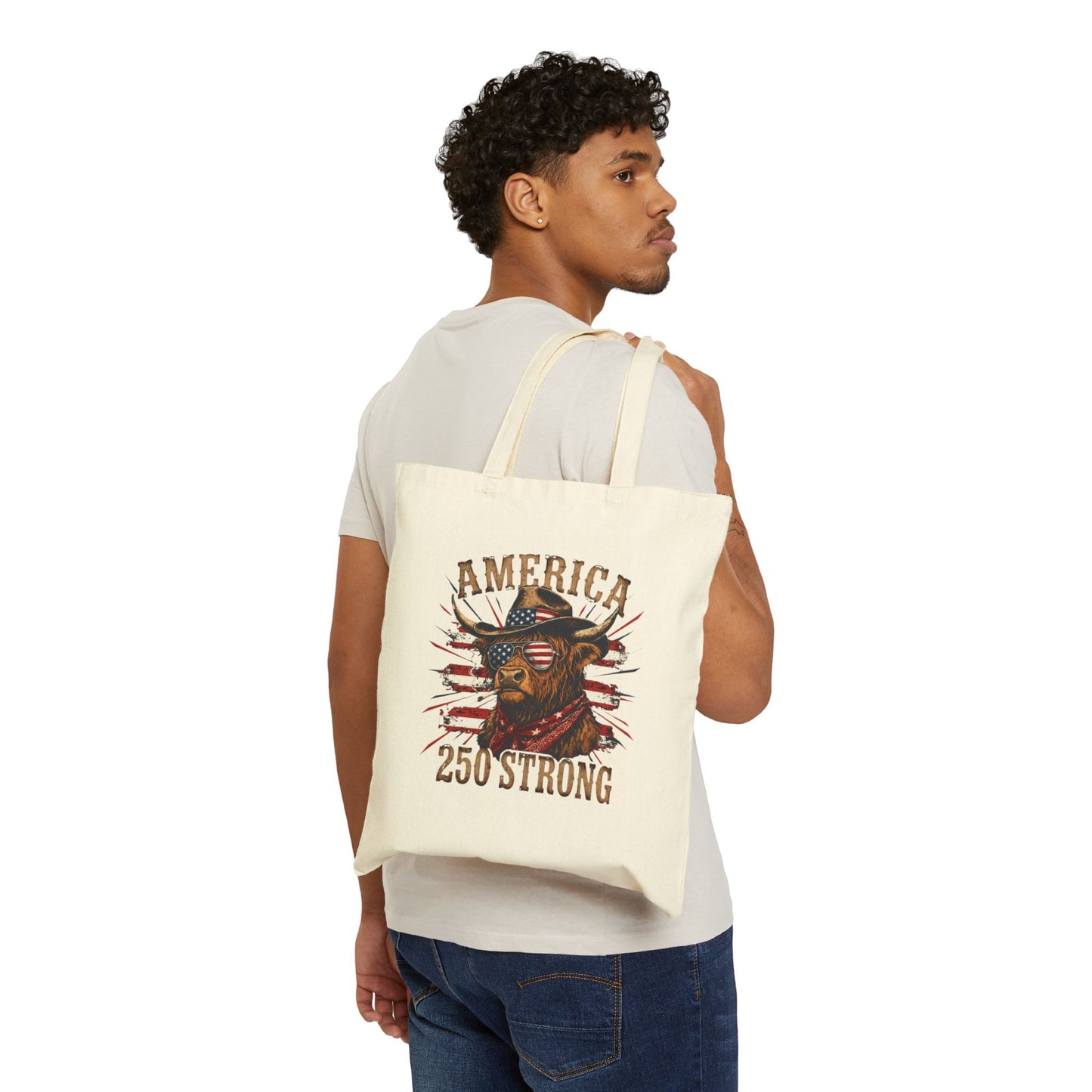 #250 America 250 Strong Patriotic Bull with American Flag Canvas Tote Bag