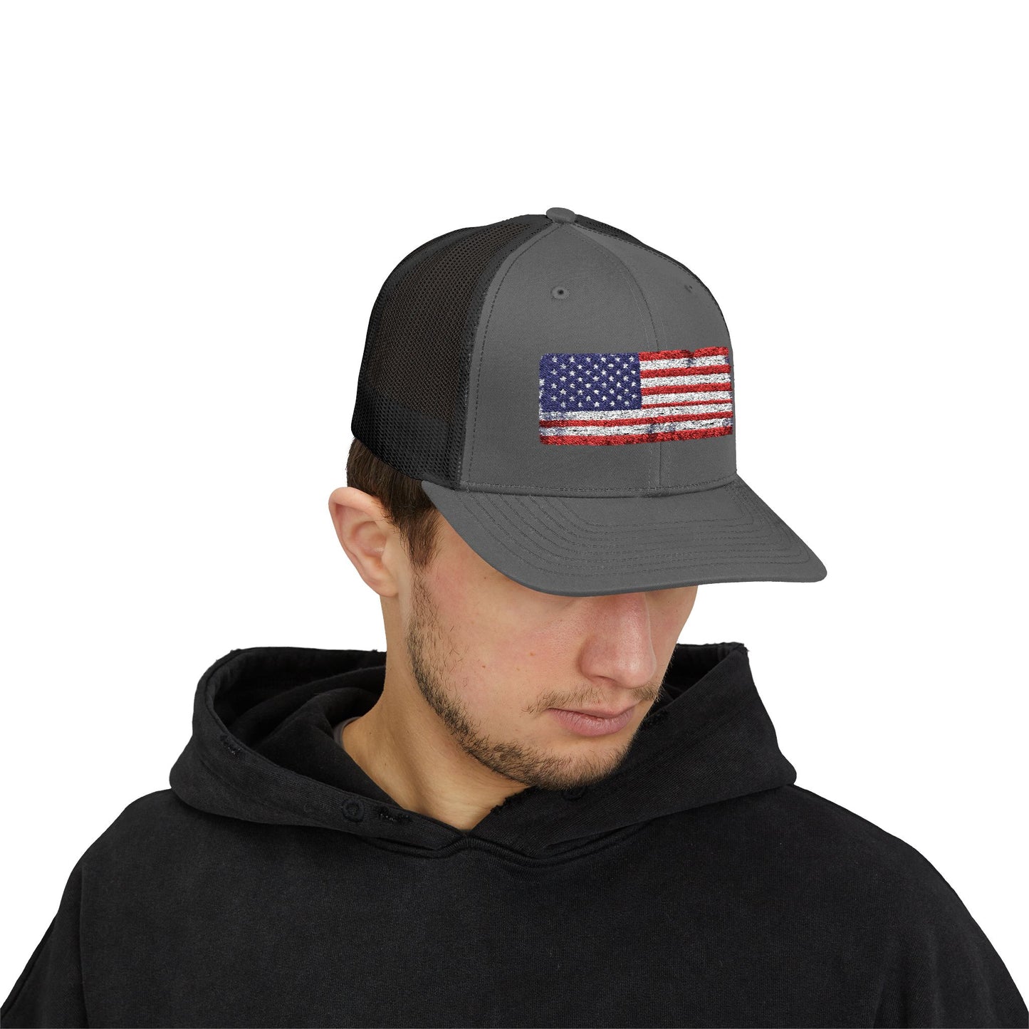 #250 Distressed American Flag Snapback Trucker Cap