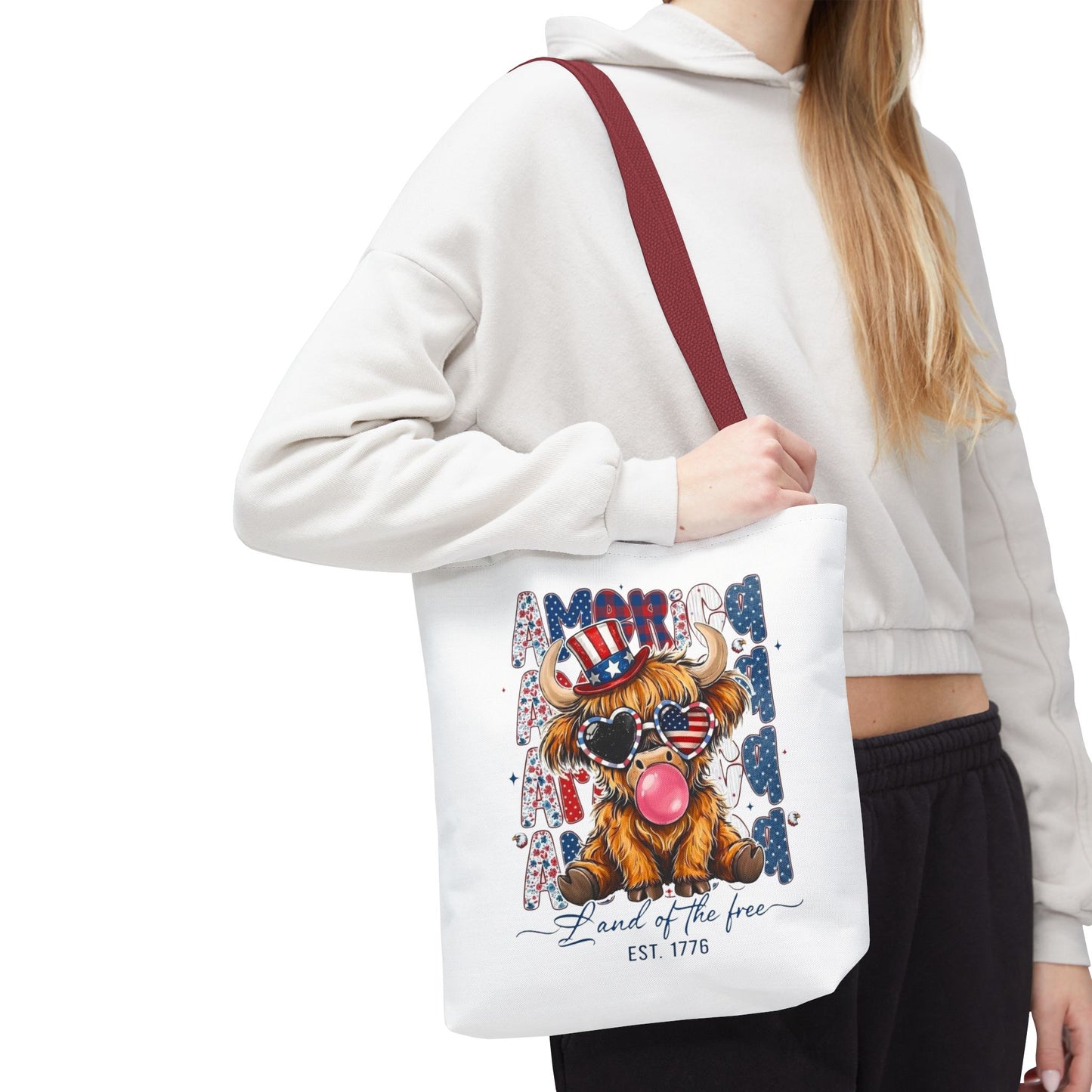 #250 American Flag Bubblegum Patriotic Highland Cow Tote Bag