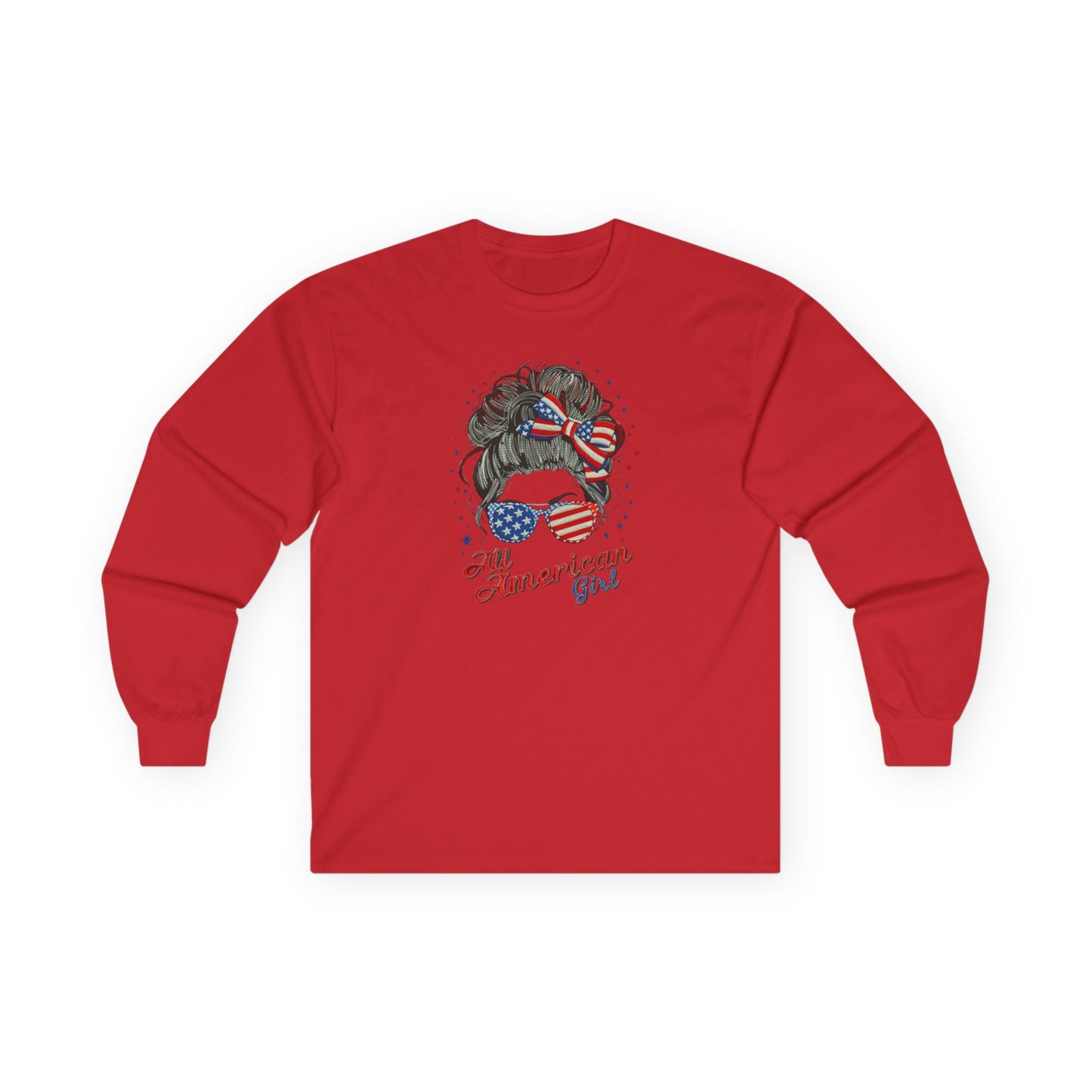 #250 "All American Girl" Patriotic Messy Bun Long Sleeve Tee