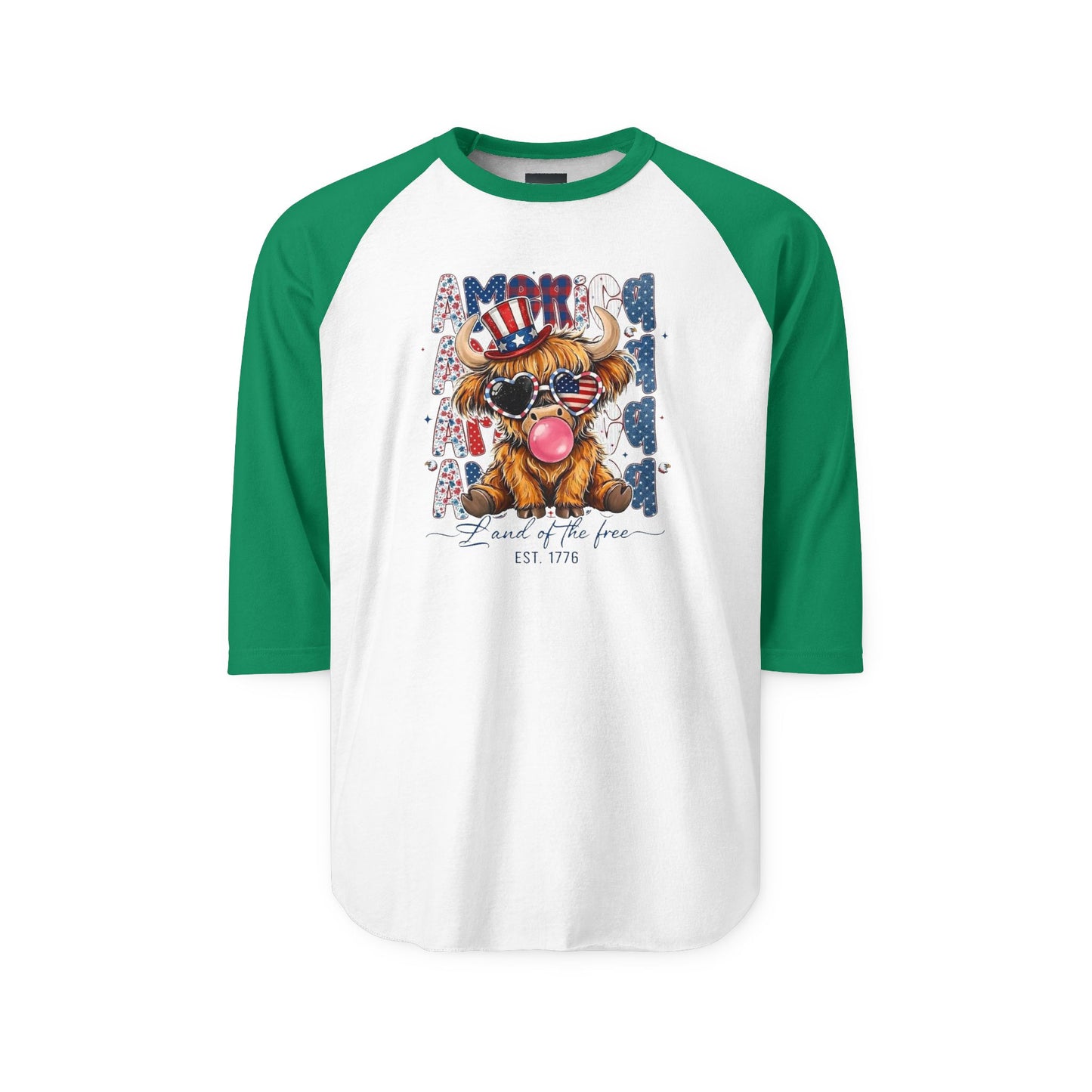 #250 American Flag Bubblegum Patriotic Highland Cow Raglan 3/4 Sleeve Baseball Tee