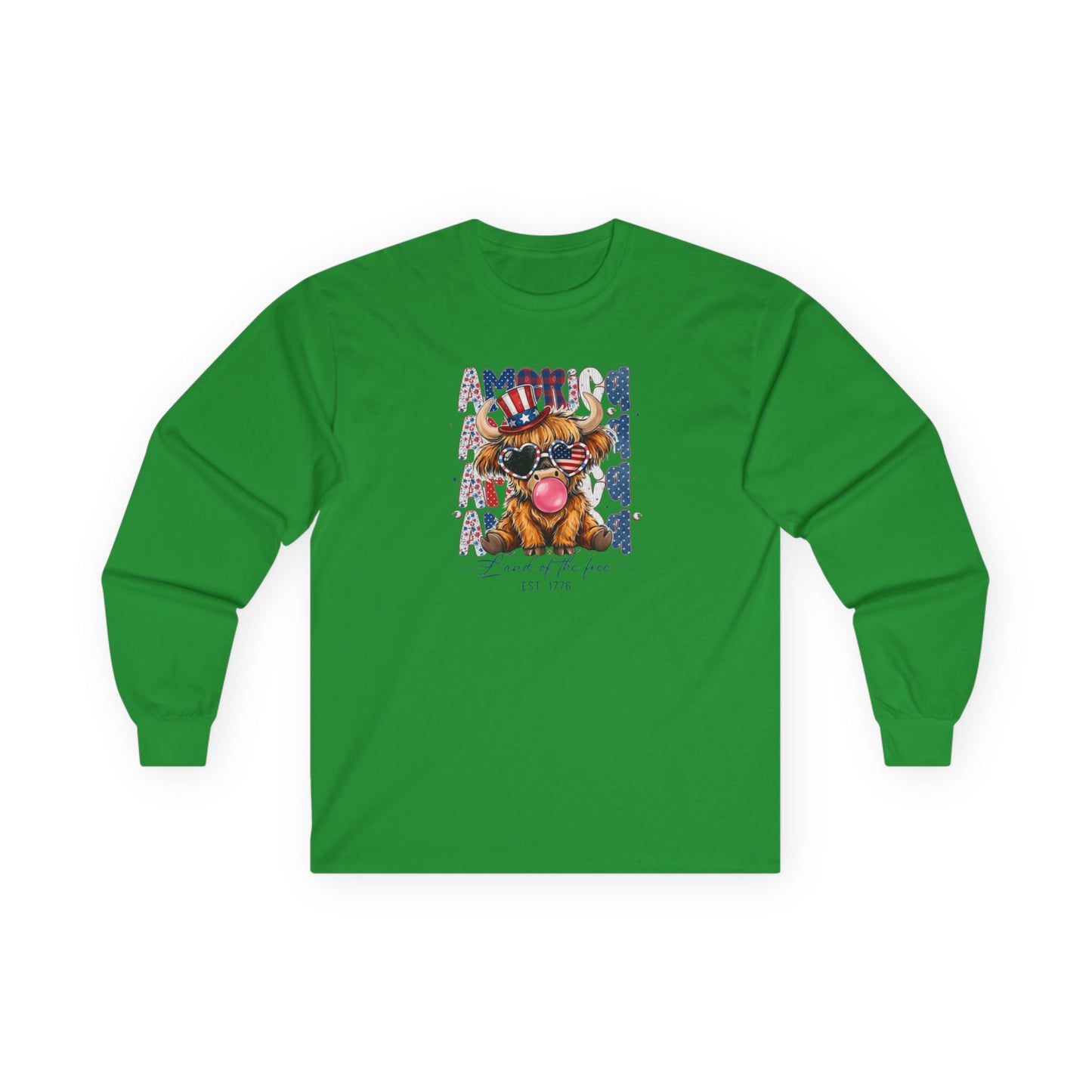 #250 American Flag Bubblegum Patriotic Highland Cow Long Sleeve Tee