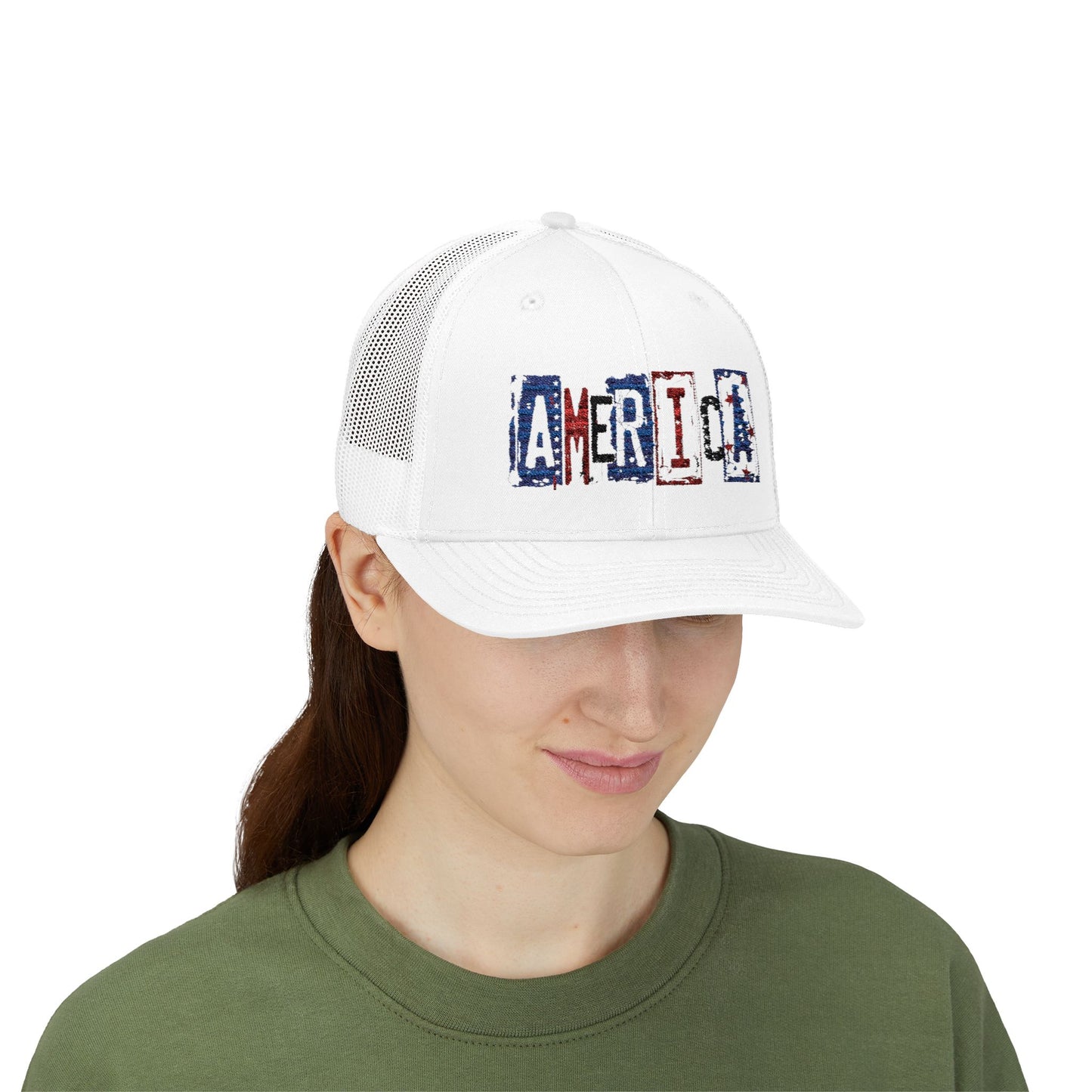 #250 America Retro Block Text Patriotic Snapback Trucker Cap