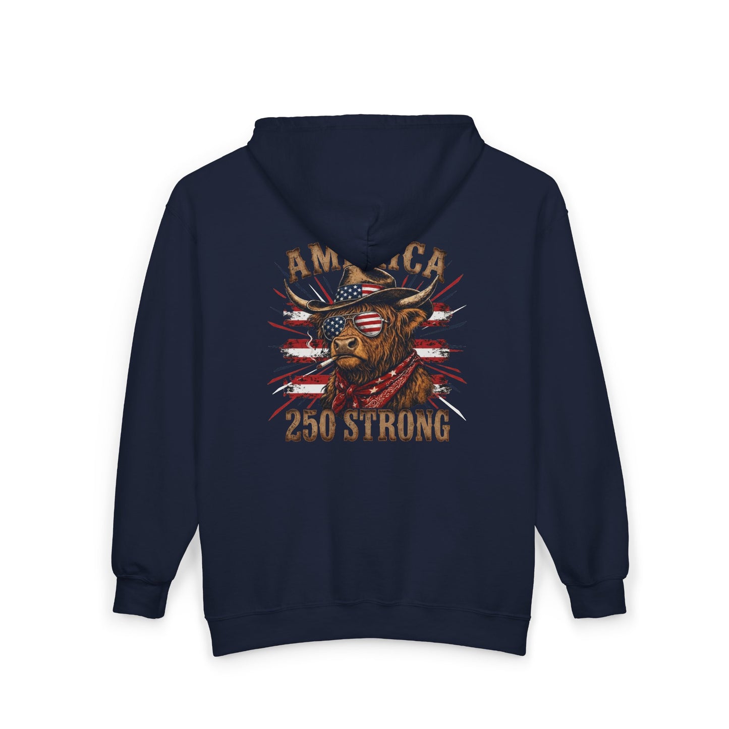 #250 America 250 Strong Patriotic Bull with American Flag Zip Hoodie