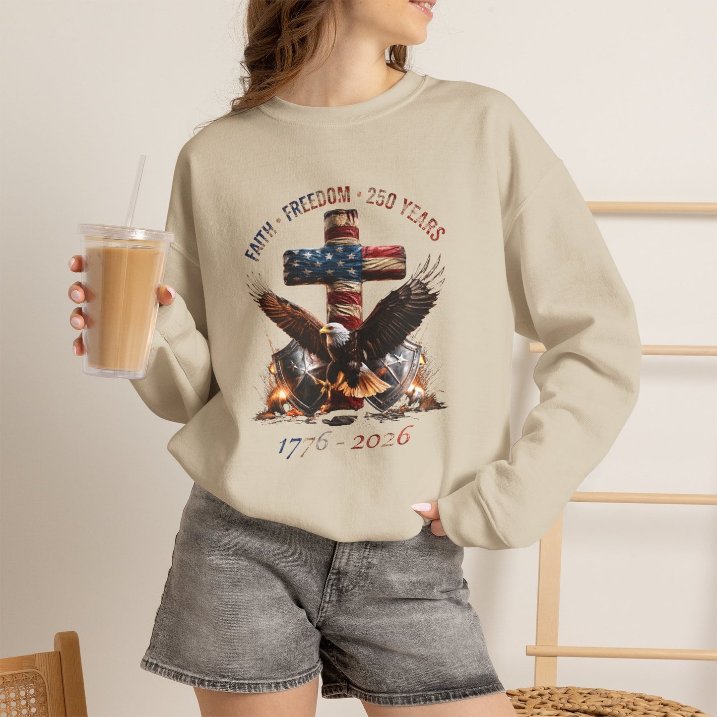 #250 Faith • Freedom 250 Years American Flag Cross & Eagle 1776-2026 Crewneck Sweatshirt