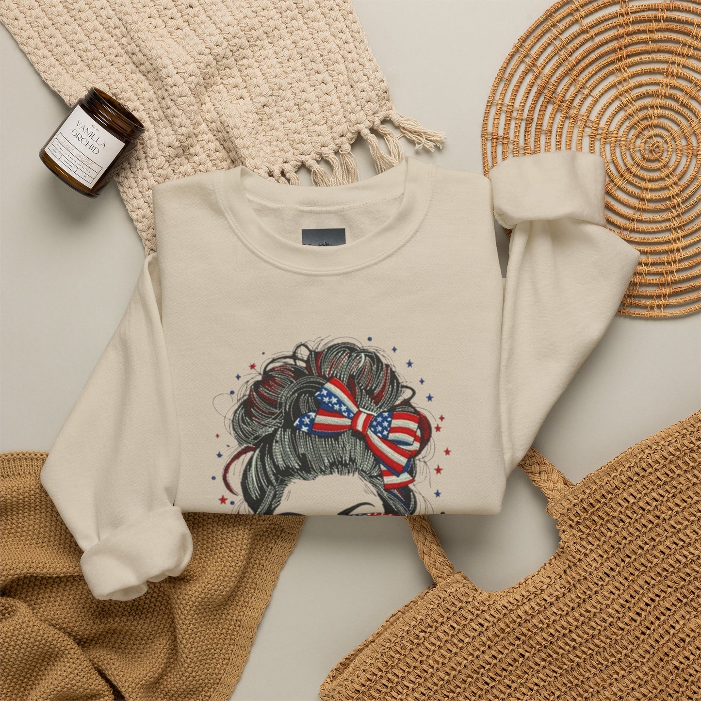 #250 "All American Girl" Patriotic Messy Bun Sweatshirt