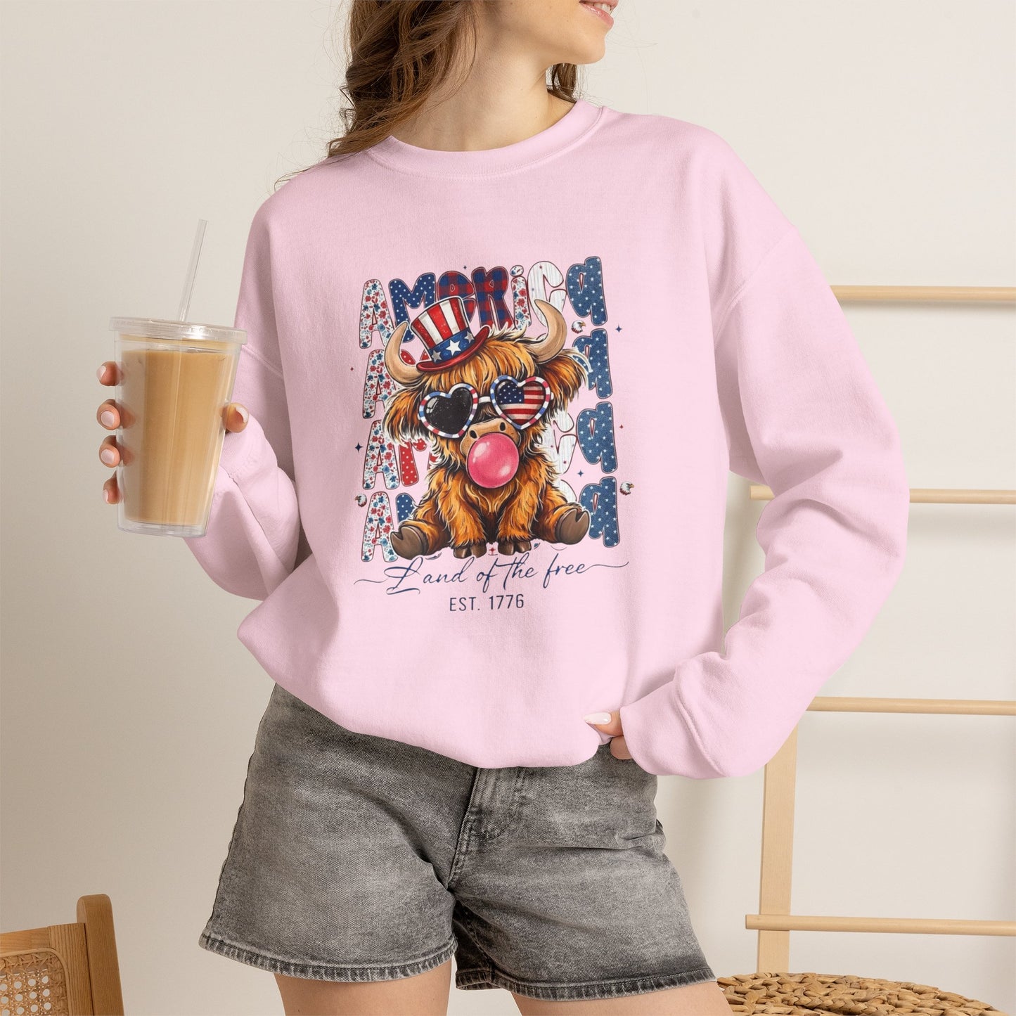 #250 American Flag Bubblegum Patriotic Highland Cow Sweatshirt