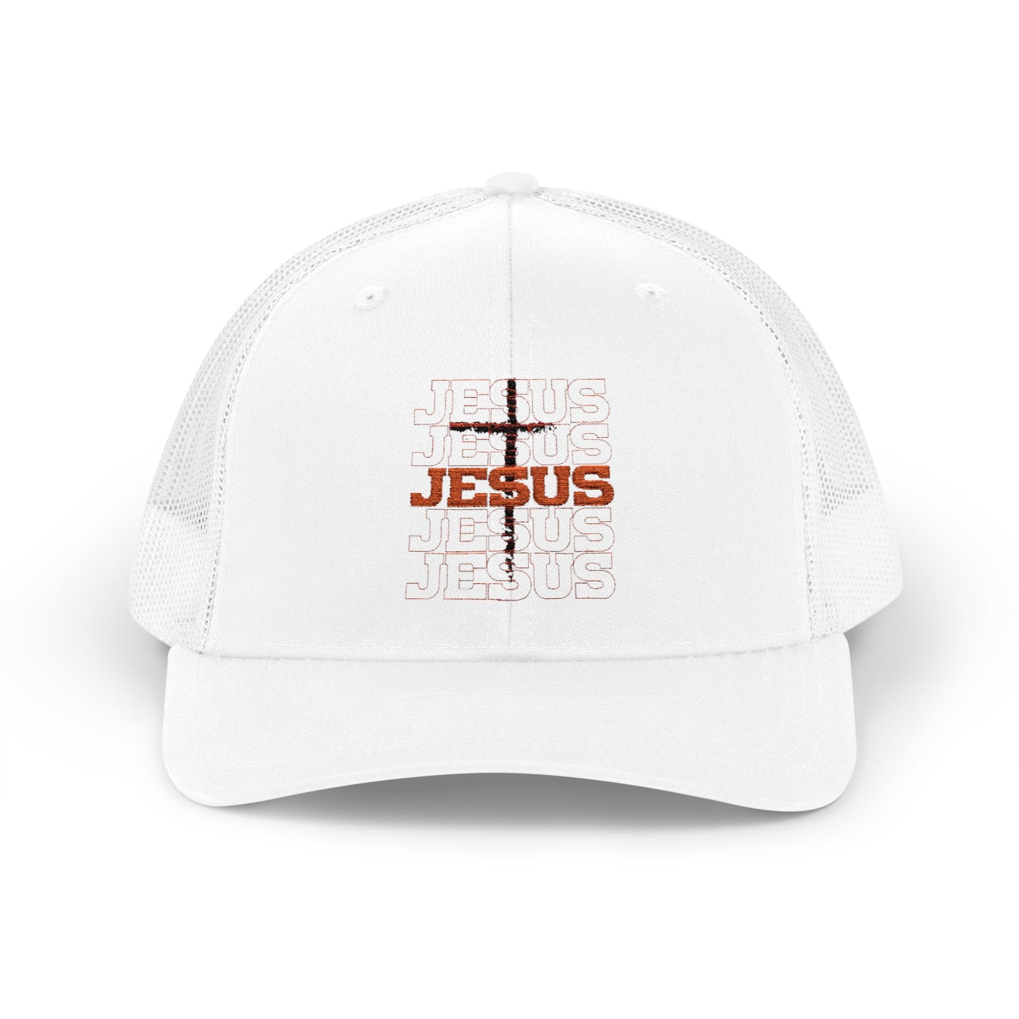 Jesus Cross Red Text Black Cross Graphic Trucker Cap — Faith-Based Snapback Hat