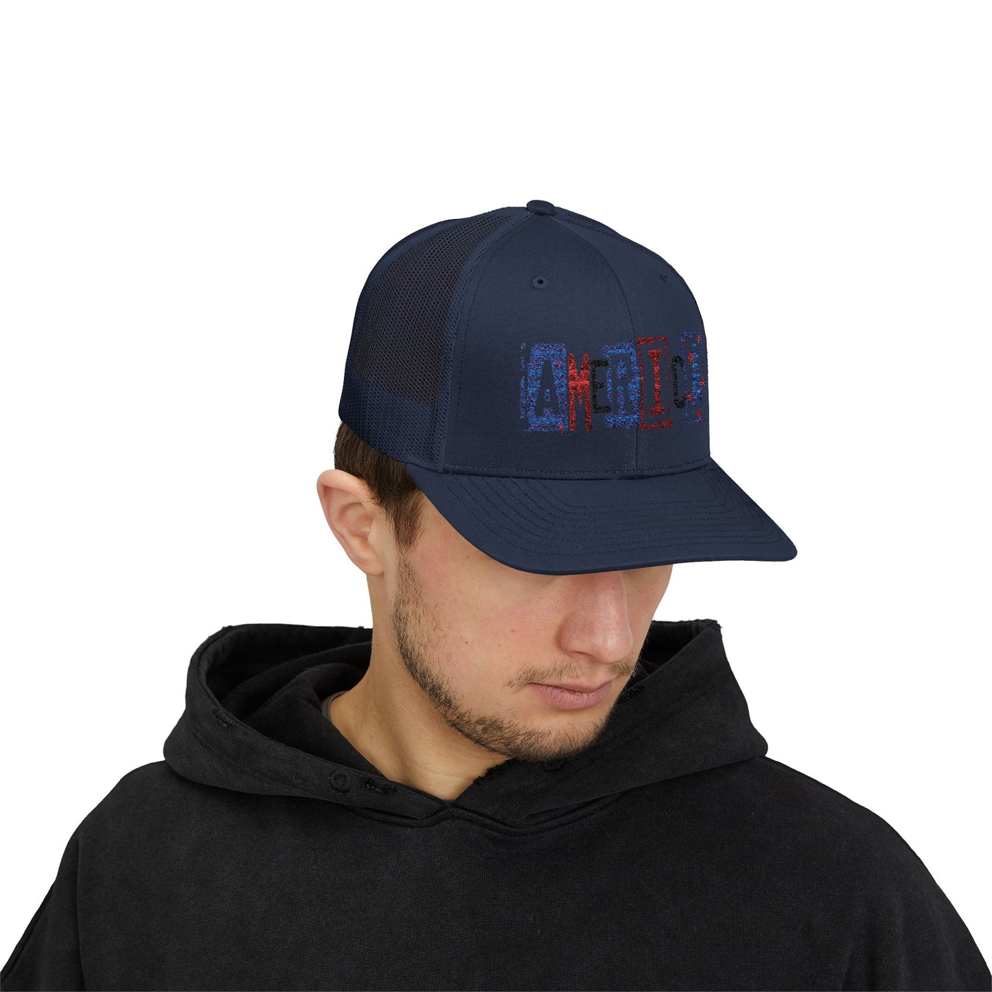 #250 America Retro Block Text Patriotic Snapback Trucker Cap