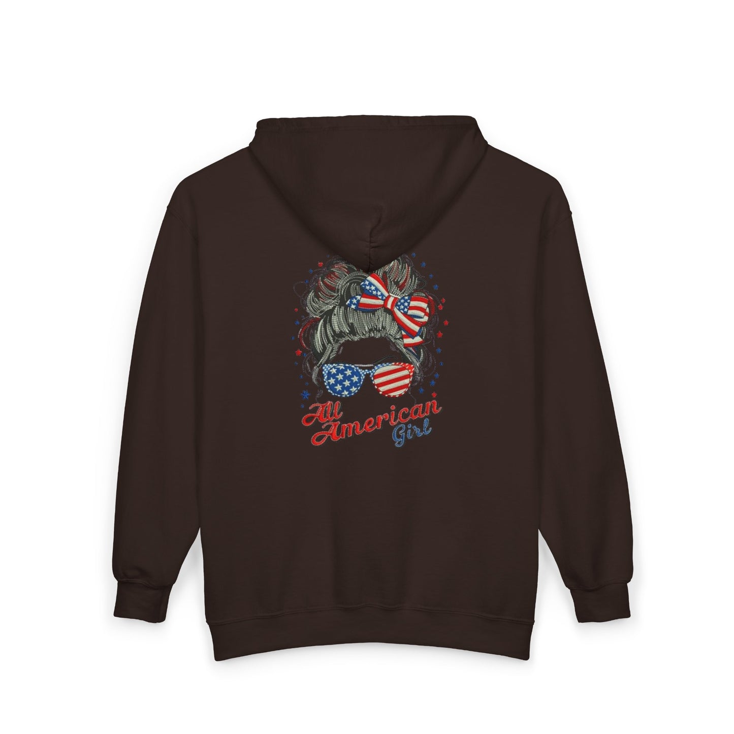 #250 "All American Girl" Patriotic Messy Bun Zip Hoodie