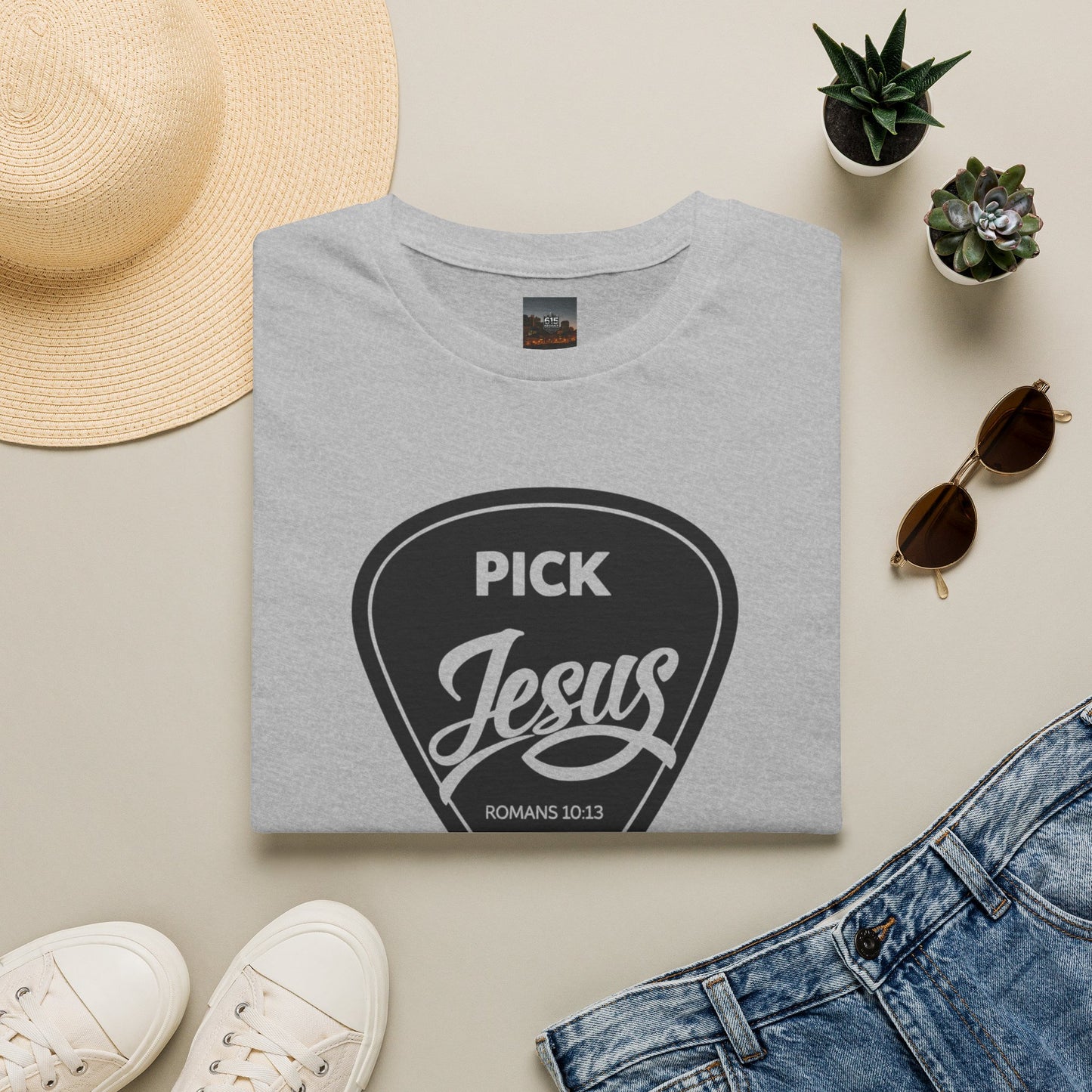 Pick Jesus T-Shirt — Christian Guitar Pick Design (Romans 10:13)