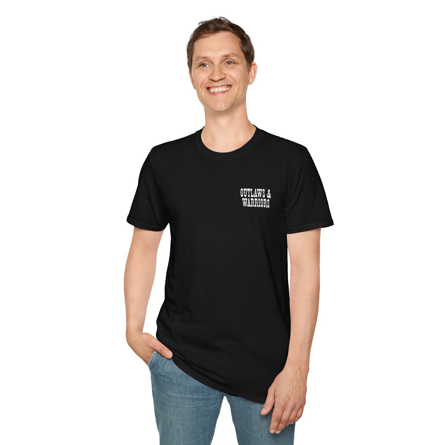 Outlaws & Warriors 100% Cotton SoftStyle T-Shirt — Minimal Chest Logo with Graphic On Back