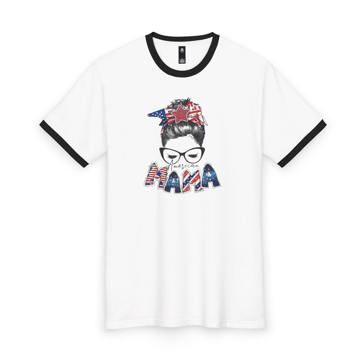 #250 Mama USA Flag Messy Bun Ringer Tee